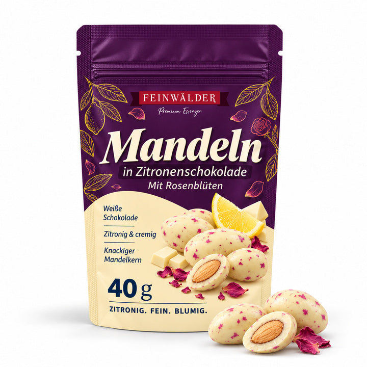 Mandeln in weißer Zitronenschokolade mit Rosenblüten – 40 g Mini