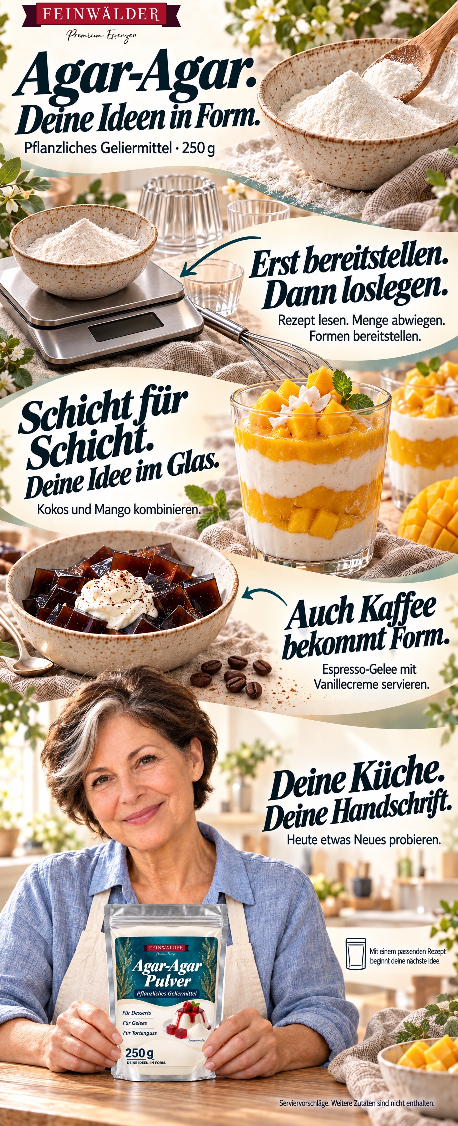 Agar-Agar-Pulver von Feinwälder: Vorbereitung mit Küchenwaage und Dessertformen, Kokos-Mango-Schichtdessert und Espresso-Gelee. Eine Frau hält den Originalbeutel mit 250 g in ihrer Küche. Serviervorschläge; weitere Zutaten sind nicht enthalten.
