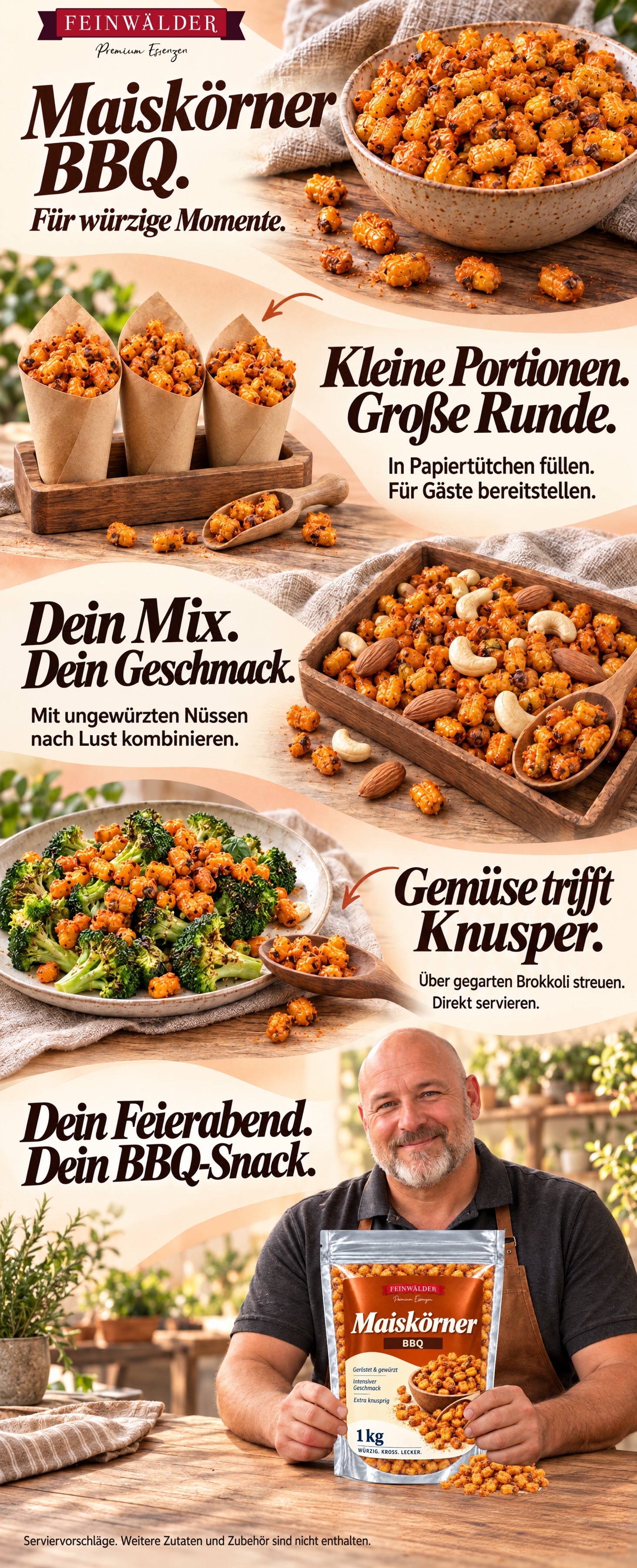 Feinwälder Maiskörner BBQ: kleine Portionen für Gäste, eine Mischung mit ungewürzten Nüssen und knuspriges Topping für gegarten Brokkoli; ein Mann hält den Originalbeutel an einem hellen Terrassentisch.