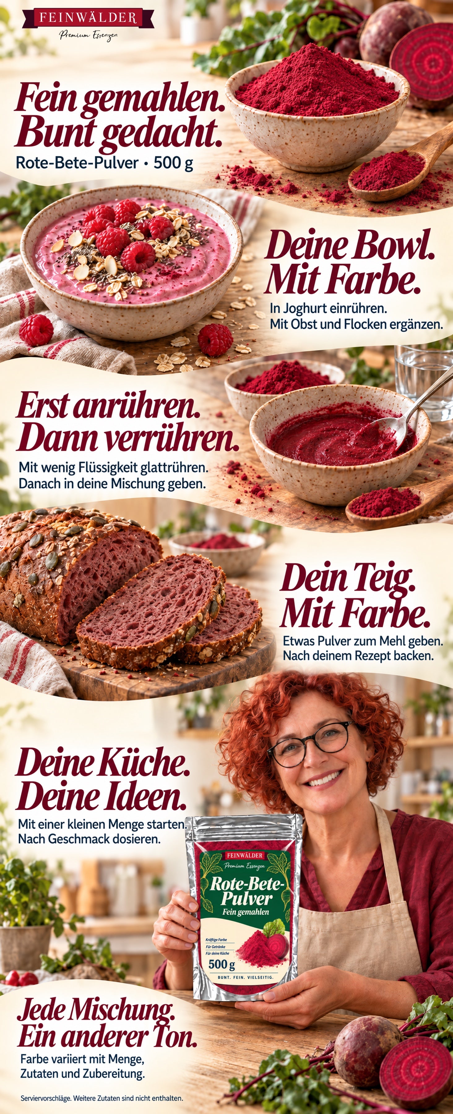 Rote-Bete-Pulver 500 g: Joghurt-Bowl mit Obst und Flocken, Anrühren, Brot und eine Frau mit Feinwälder-Beutel.