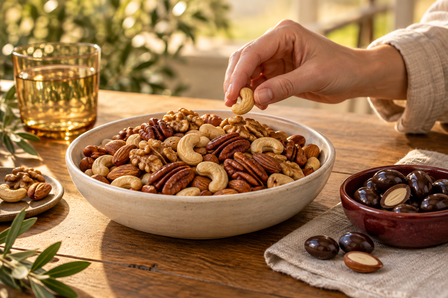 Ein Griff in die Nussschale: Cashews, Walnüsse und Pekannüsse neben feinen Schokomandeln im warmen Sonnenlicht.
