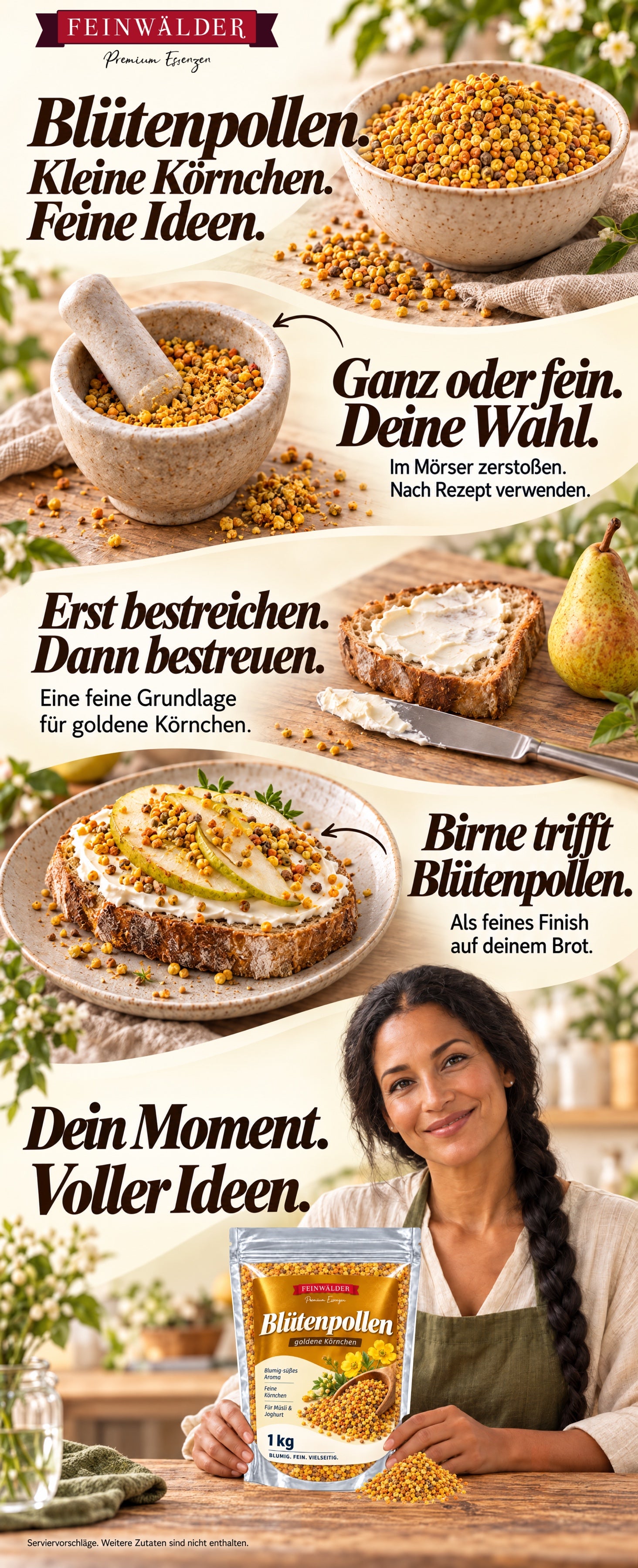 Feinwälder Blütenpollen: Küchenideen zum Zerstoßen und Verfeinern eines Birnenbrots, mit Originalverpackung und einer Frau in der Küche.