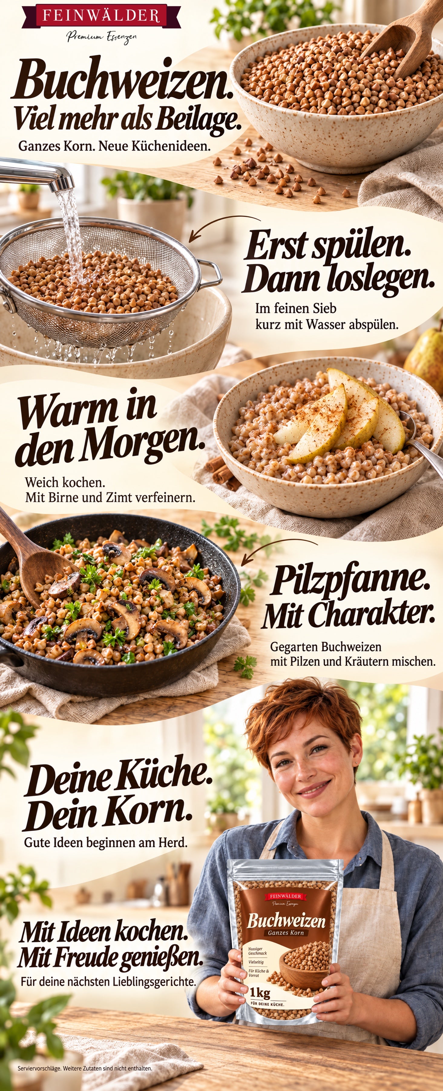 Feinwälder Buchweizen. Viel mehr als Beilage. Ganzes Korn, neue Küchenideen: im feinen Sieb kurz mit Wasser abspülen; weich kochen und mit Birne und Zimt verfeinern; gegarten Buchweizen mit Pilzen und Kräutern mischen. Eine Frau mit kurzem kupferrotem Haar und Schürze hält den Originalbeutel mit 1 kg. Deine Küche, dein Korn. Mit Ideen kochen und mit Freude genießen. Serviervorschläge. Weitere Zutaten sind nicht enthalten.