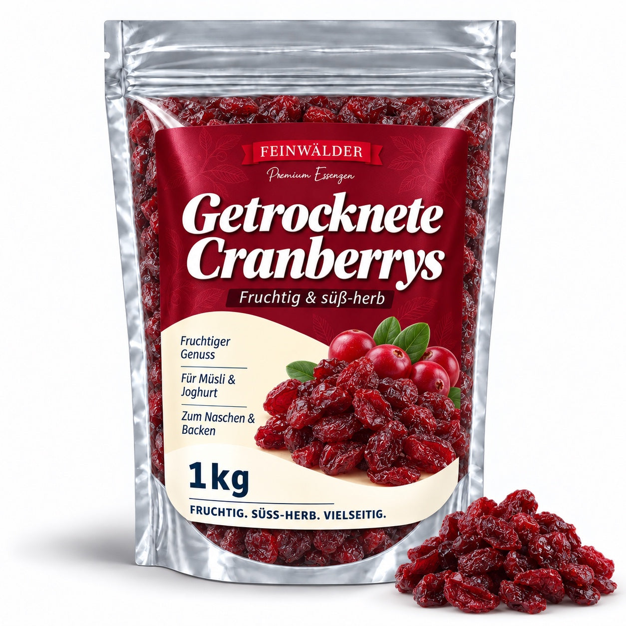 Getrocknete Cranberrys – 1 kg im Feinwälder-Standbodenbeutel mit Etikett