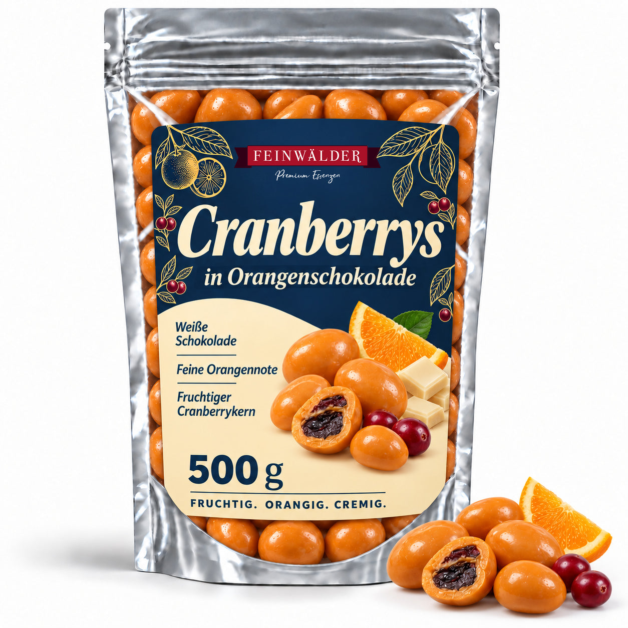 Feinwälder Cranberrys in Orangenschokolade im silbernen 500-g-Beutel mit passenden Schokofrüchten davor.