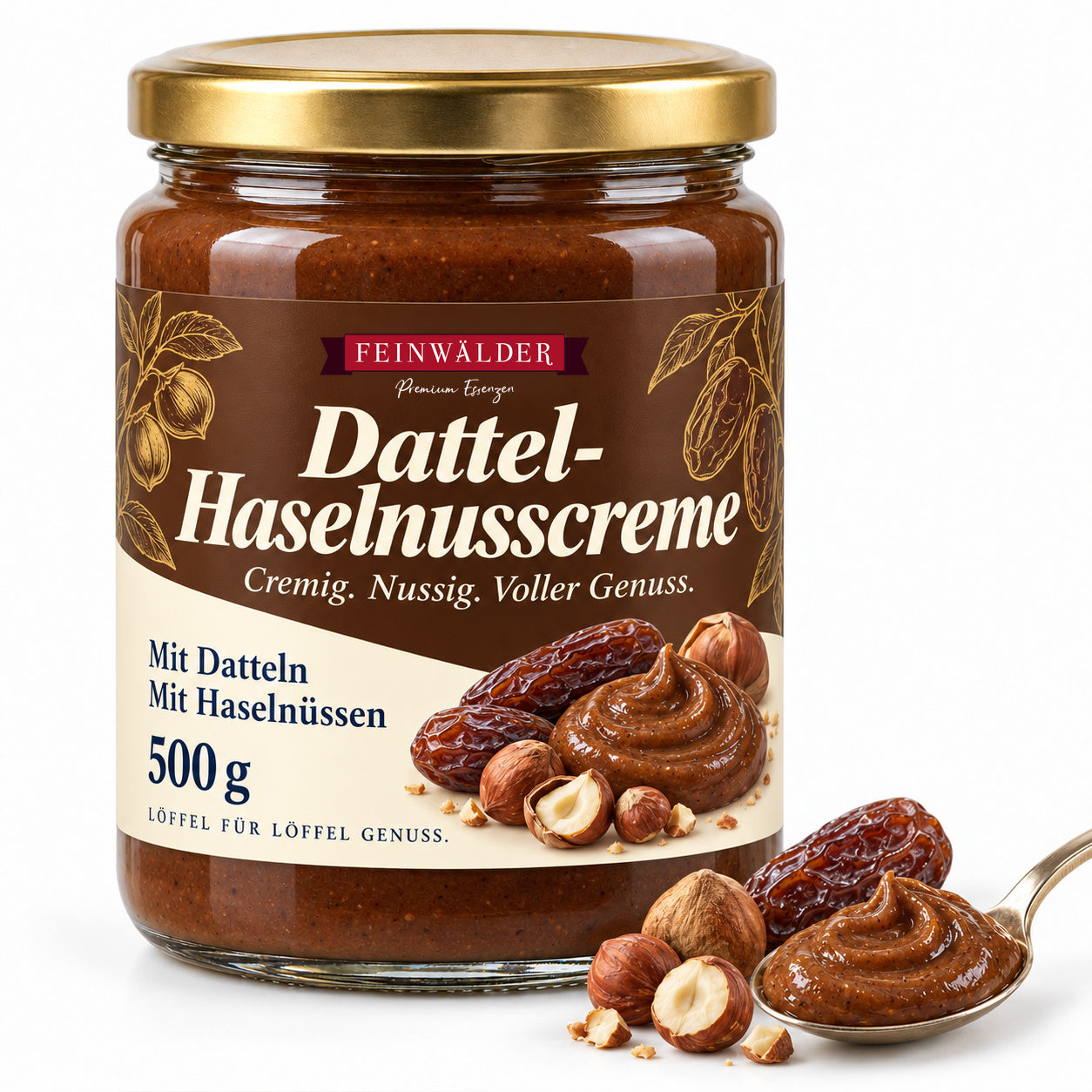Feinwälder Dattel-Haselnusscreme im 500-g-Glas mit goldenem Deckel und braun-cremefarbenem Etikett; daneben Datteln, Haselnüsse und ein Löffel Creme.
