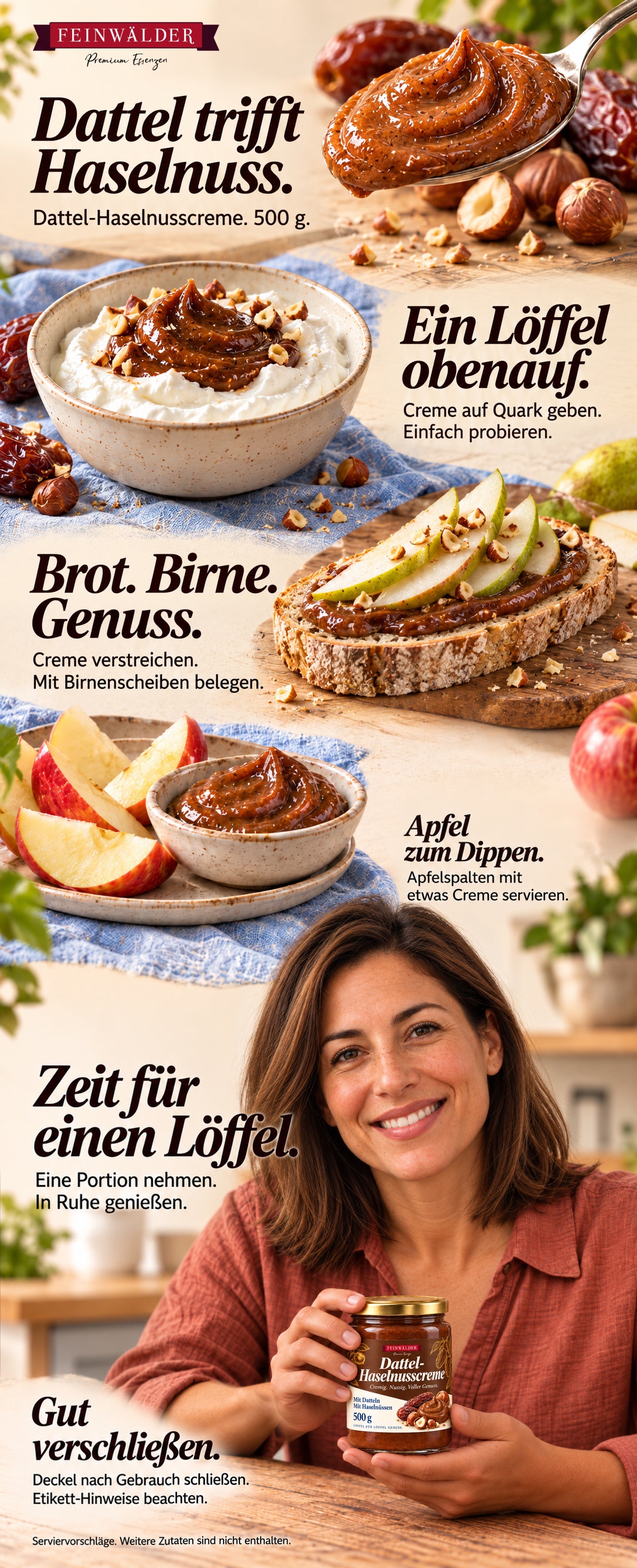 Feinwälder Dattel-Haselnusscreme im 500-g-Glas: Servierideen mit Quark, Brot, Birne und Apfel, Genusstipps und eine Frau, die das Glas hält.