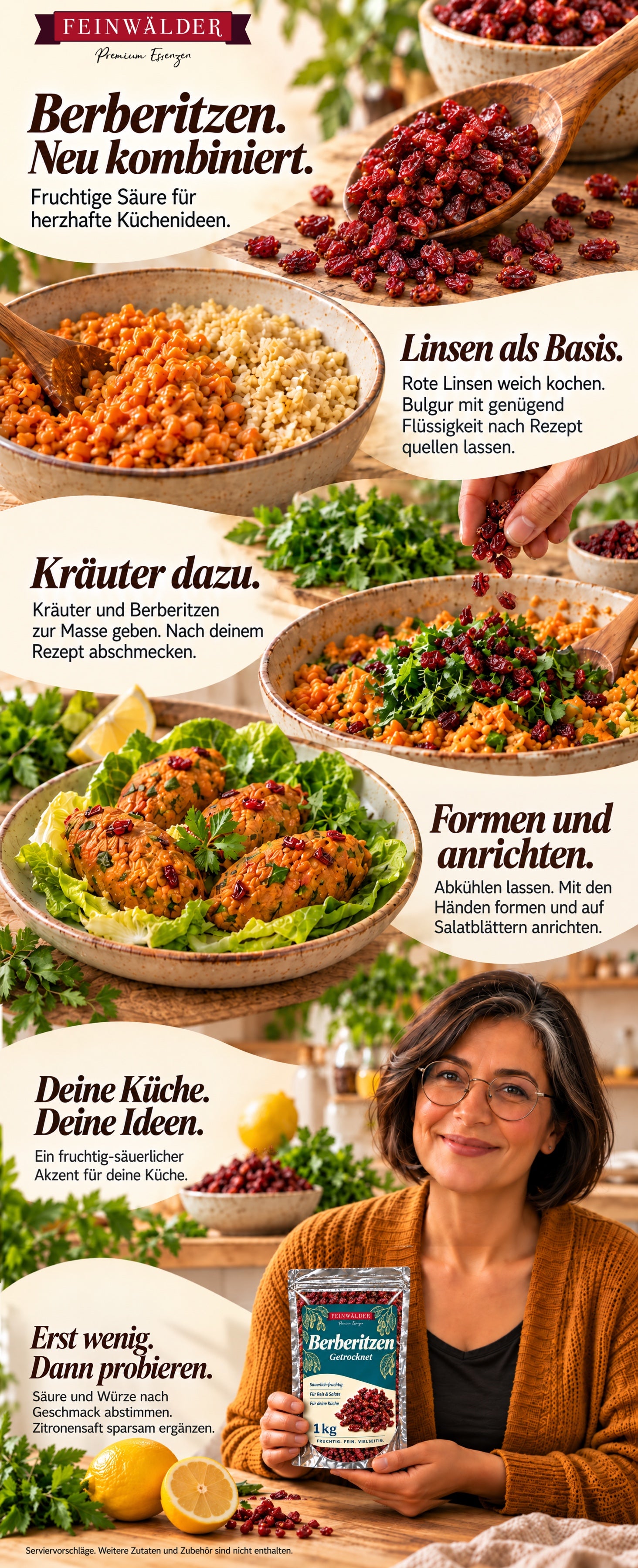 Getrocknete Berberitzen: Linsenköfte mit Bulgur und Kräutern, Formen auf Salatblättern und natürlich gehaltene Originalverpackung