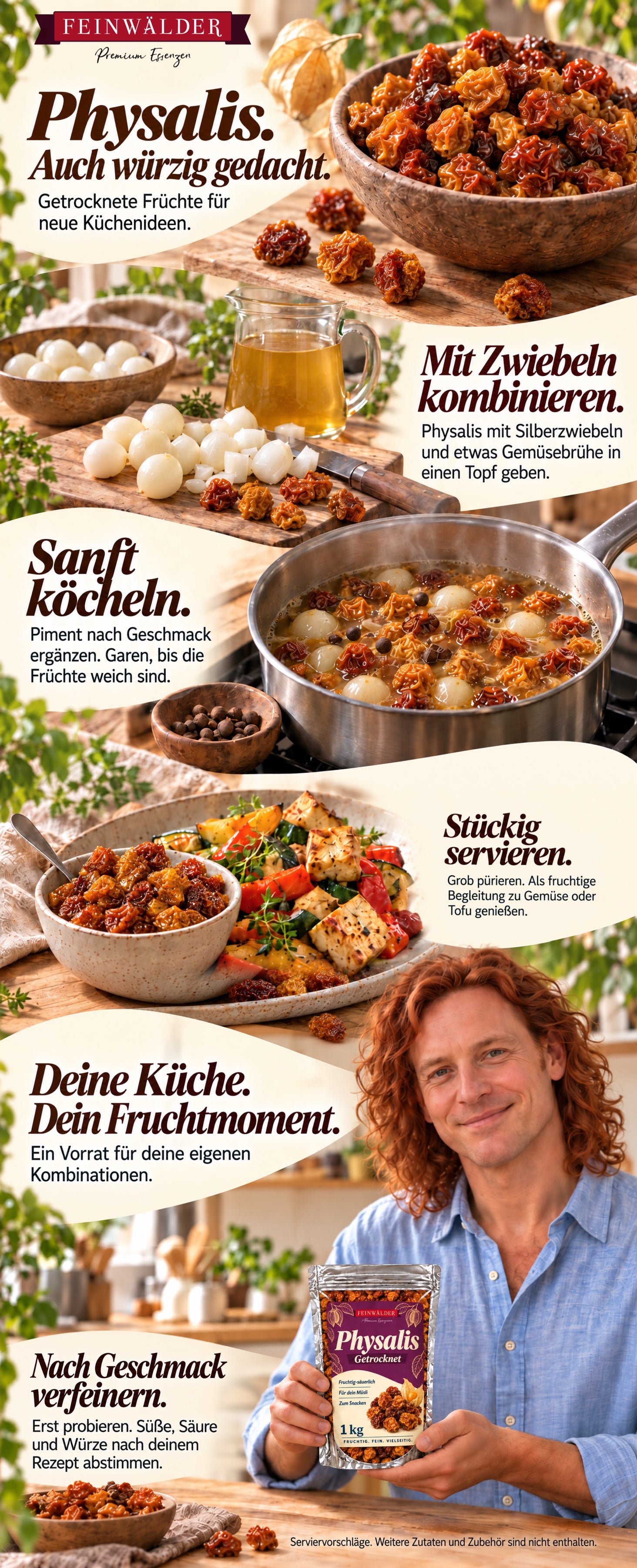Getrocknete Physalis: Chutney mit Silberzwiebeln, Gemüsebrühe und Piment, als Begleitung zu Gemüse oder Tofu