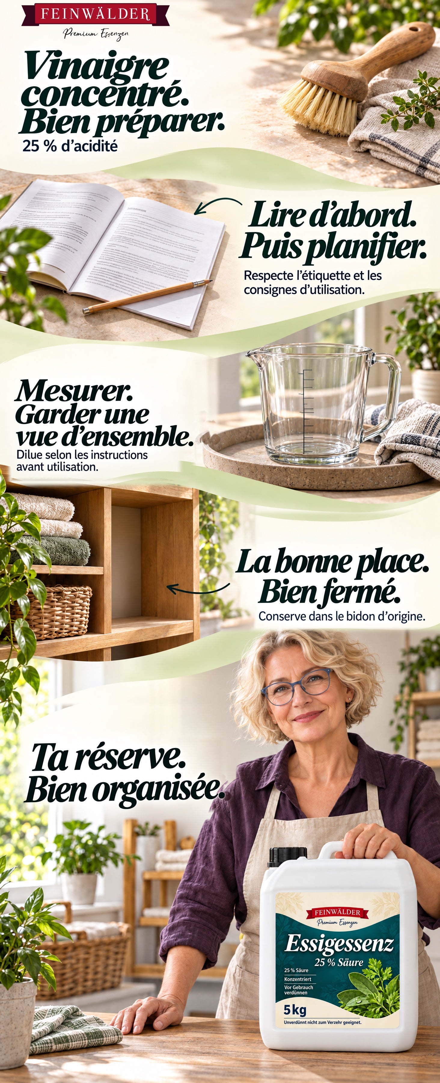 Essence de vinaigre à 25 % : lire les consignes, diluer comme indiqué et conserver dans le bidon original fermé ; une femme avec le bidon de 5 kg.