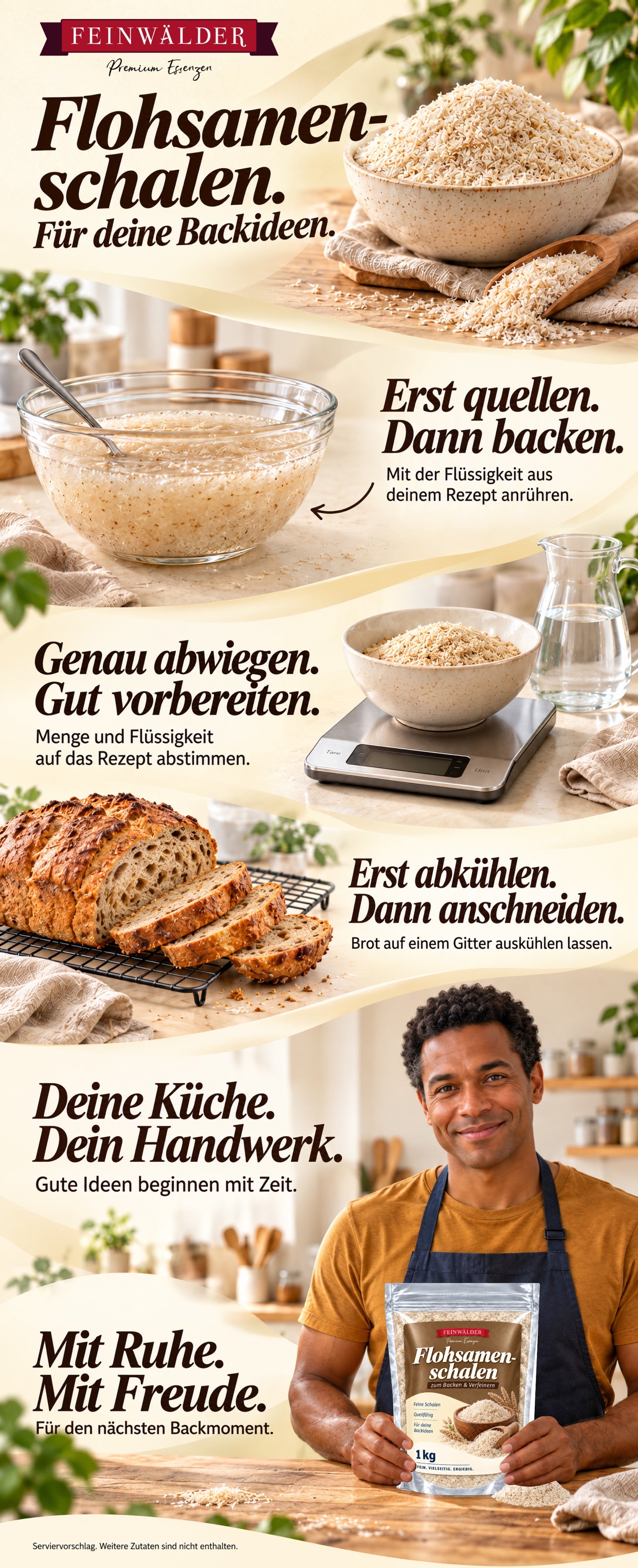 Feinwälder Flohsamenschalen: praktische Backideen zum Vorquellen, genauen Abwiegen und Auskühlen von Brot, mit Originalverpackung und einem Mann in der Küche.