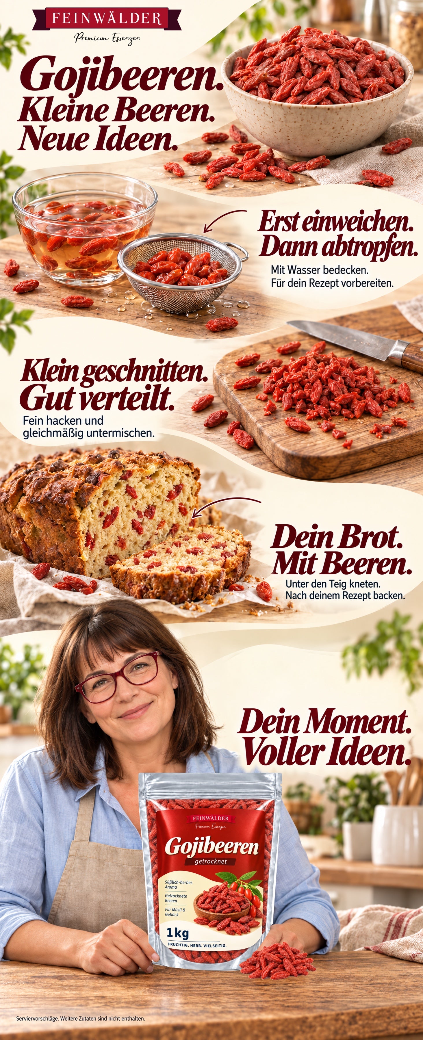 Feinwälder Gojibeeren: Küchenideen vom Einweichen und Kleinschneiden bis zum Brot mit Beeren, mit Originalverpackung und einer Frau in der Küche.