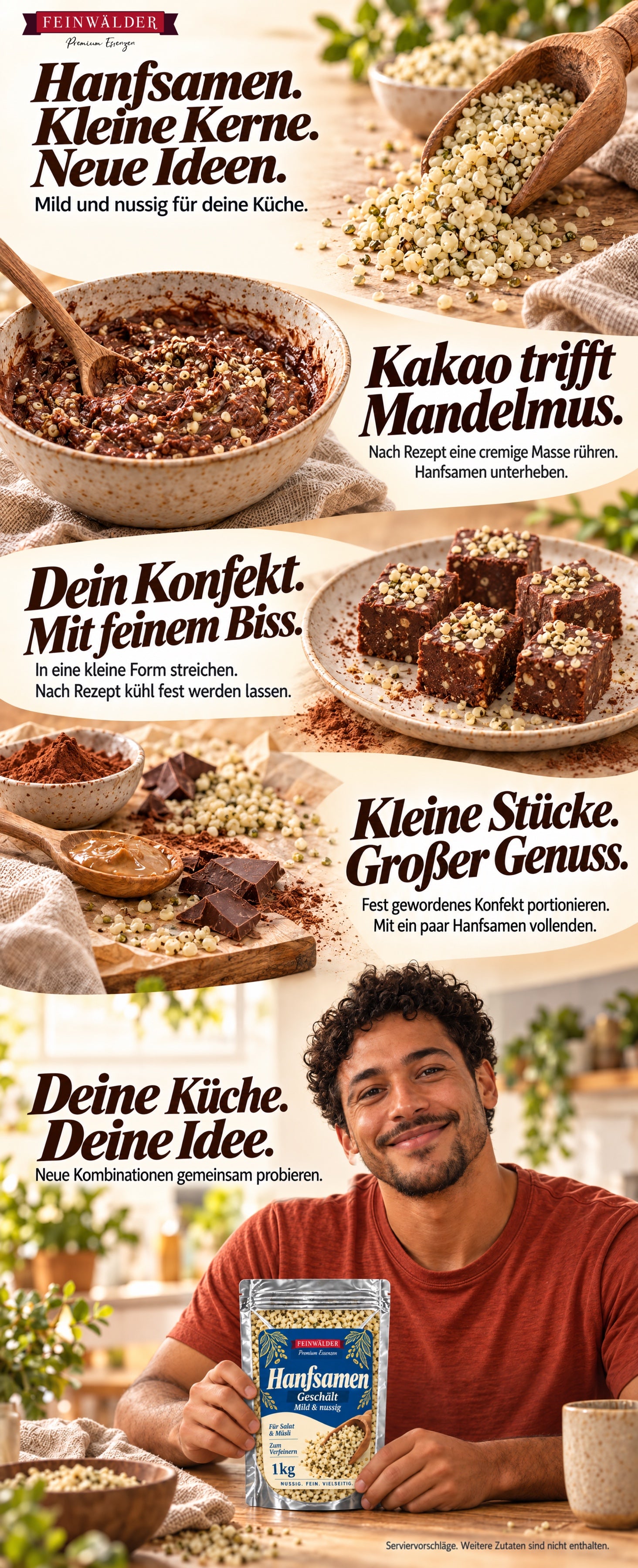 Hanfsamen, geschält · 1 kg. Durchgehender A+-Inhalt mit ergänzender Küchenidee und natürlich gehaltener Feinwälder-Verpackung.