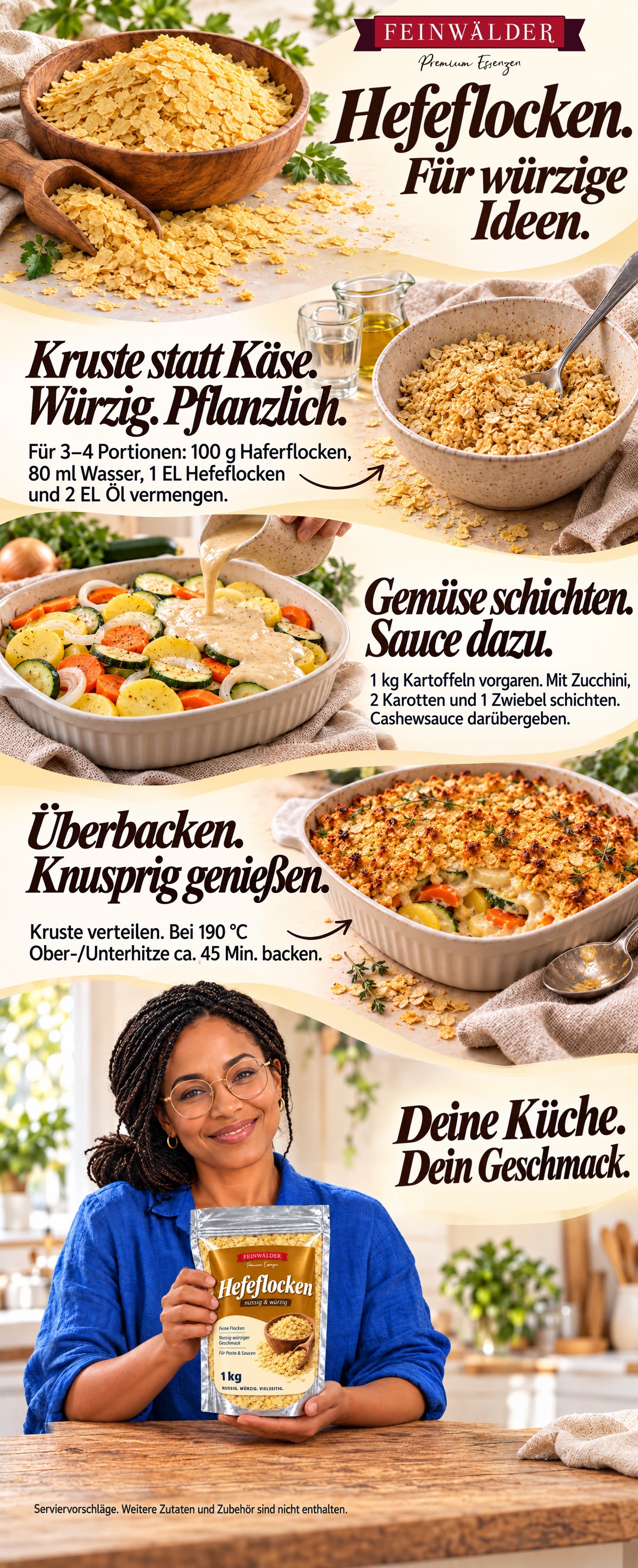 Feinwälder Hefeflocken: veganes Gemüsegratin mit Hefeflocken-Haferkruste in drei Schritten; eine Frau in blauer Bluse hält den 1-kg-Beutel mit seitlichem Griff und stützender Hand.