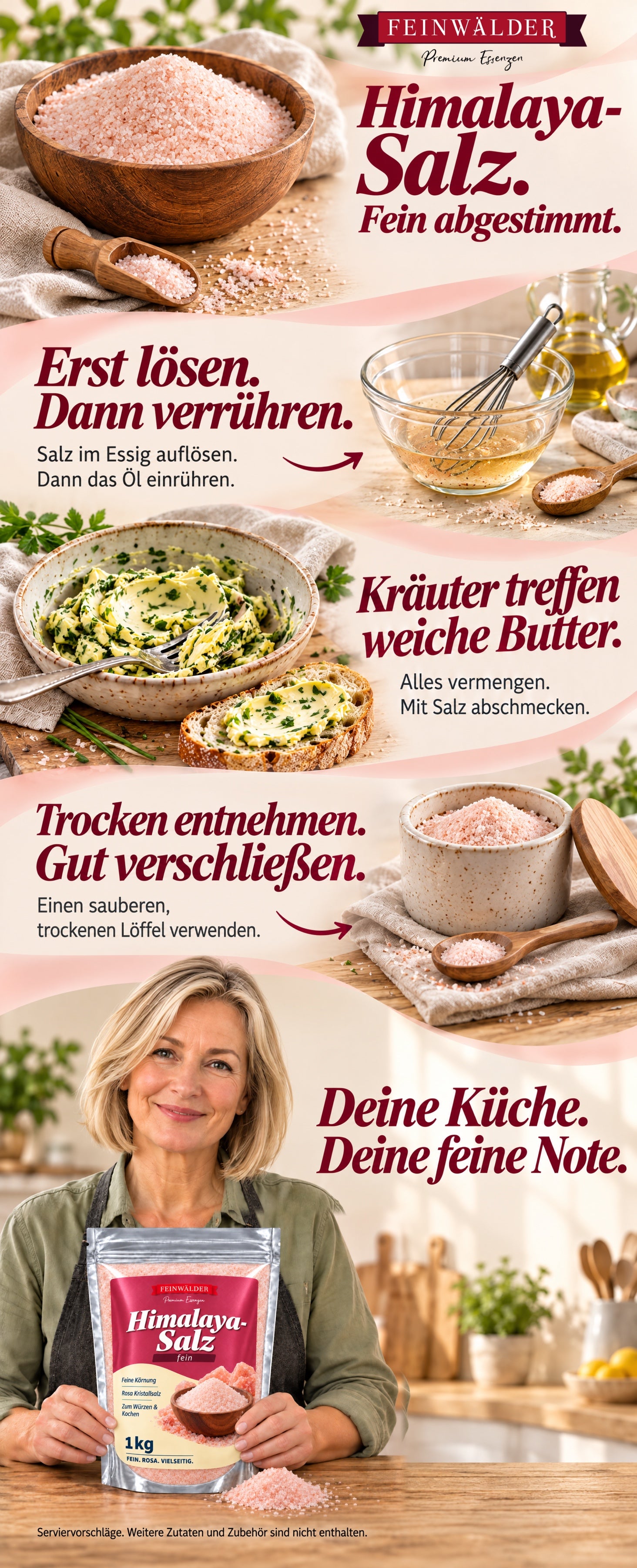 Feinwälder Himalaya-Salz fein: Salz zuerst im Essig lösen, Kräuterbutter abschmecken und trocken entnehmen; eine Frau hält den Originalbeutel in einer hellen Küche.