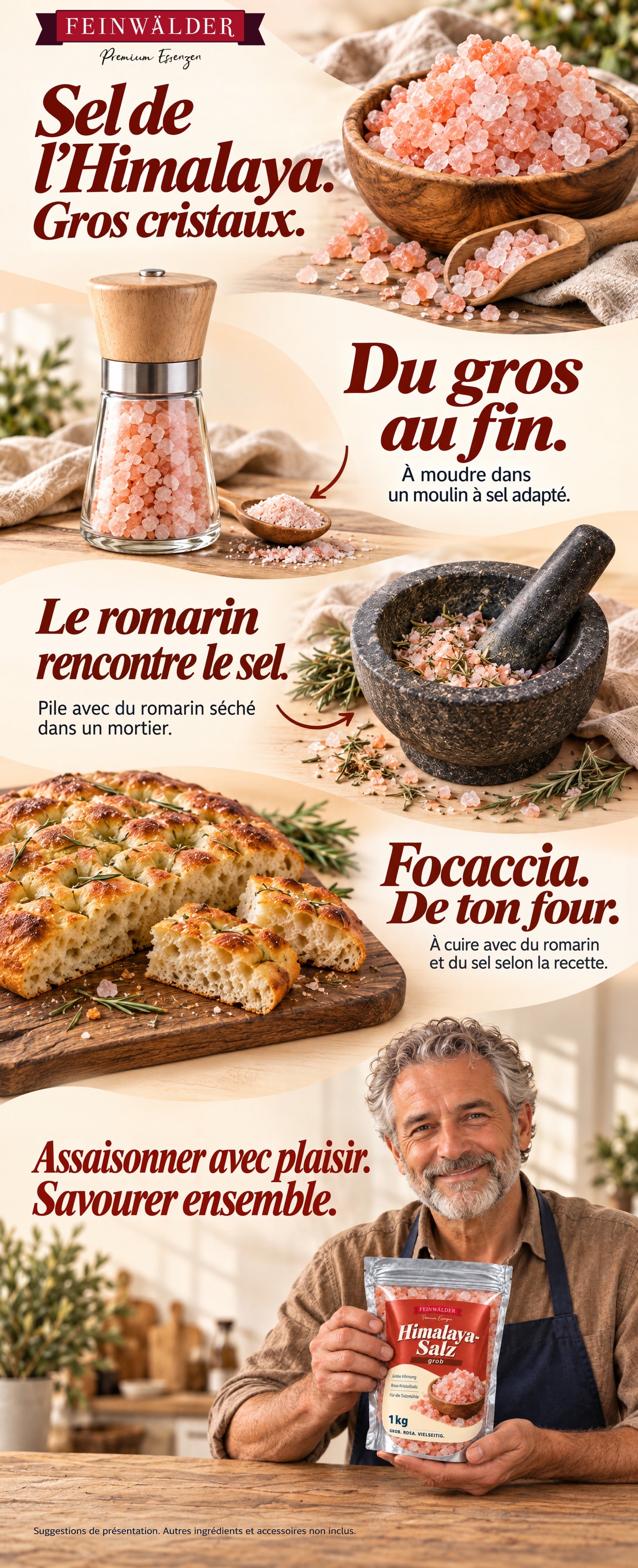 Gros sel de l’Himalaya Feinwälder : moulin à sel, sel au romarin dans un mortier et focaccia ; un homme tient le sachet de 1 kg.