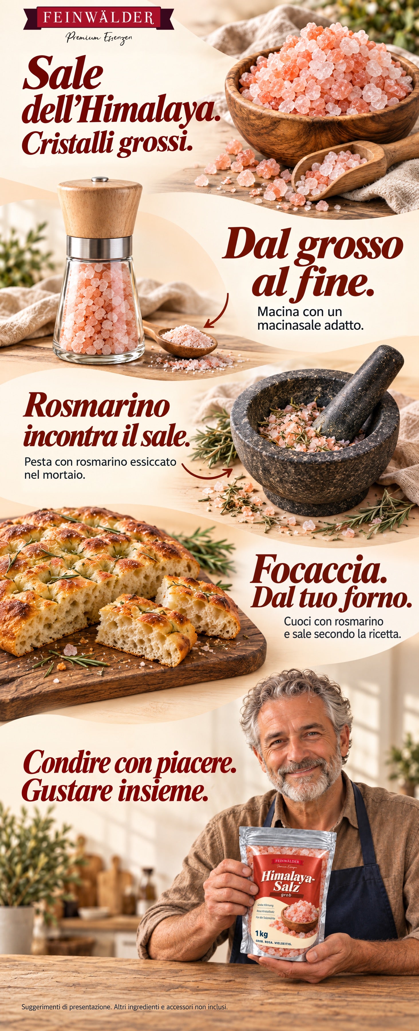 Sale grosso dell’Himalaya Feinwälder: macinasale, sale al rosmarino nel mortaio e focaccia; un uomo sostiene il sacchetto da 1 kg.