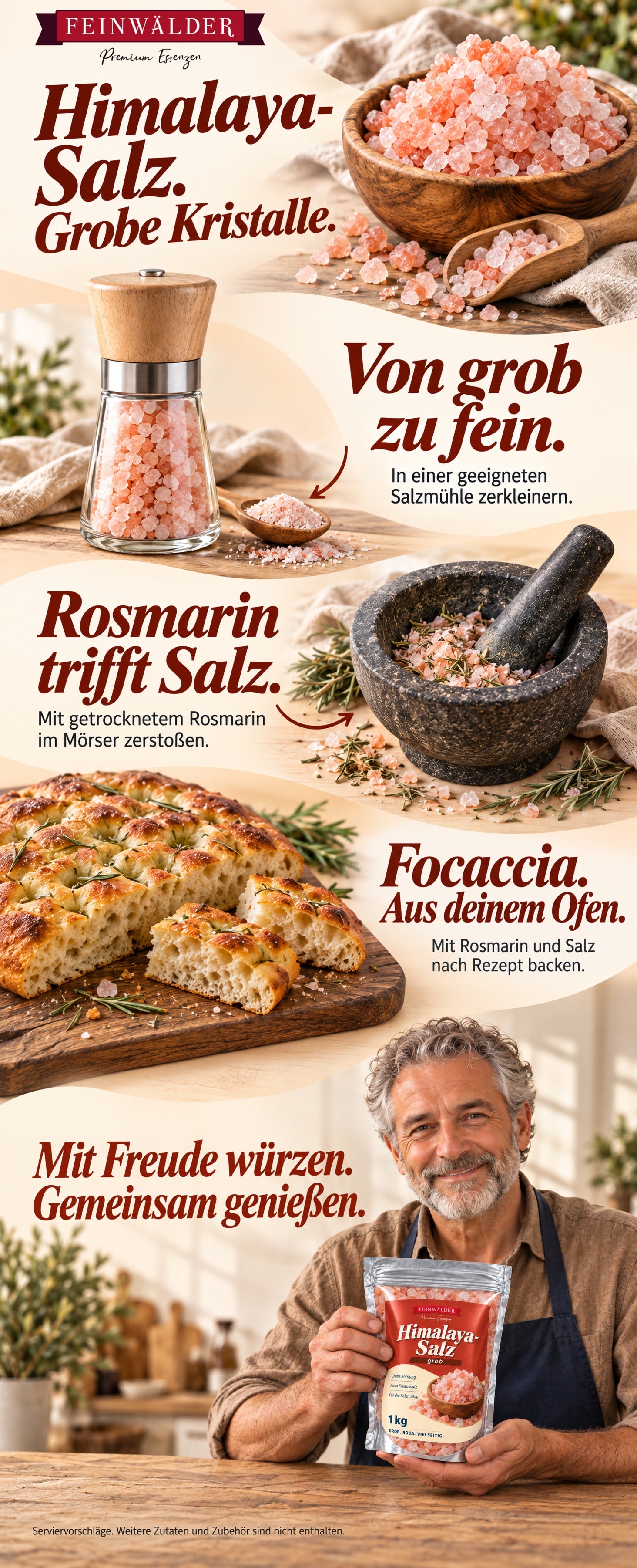 Feinwälder Himalaya-Salz grob: Salzmühle, Rosmarinsalz im Mörser und Focaccia als Genussideen; ein Mann in braunem Hemd hält und stützt den 1-kg-Beutel mit zwei natürlichen Händen in einer hellen Küche.