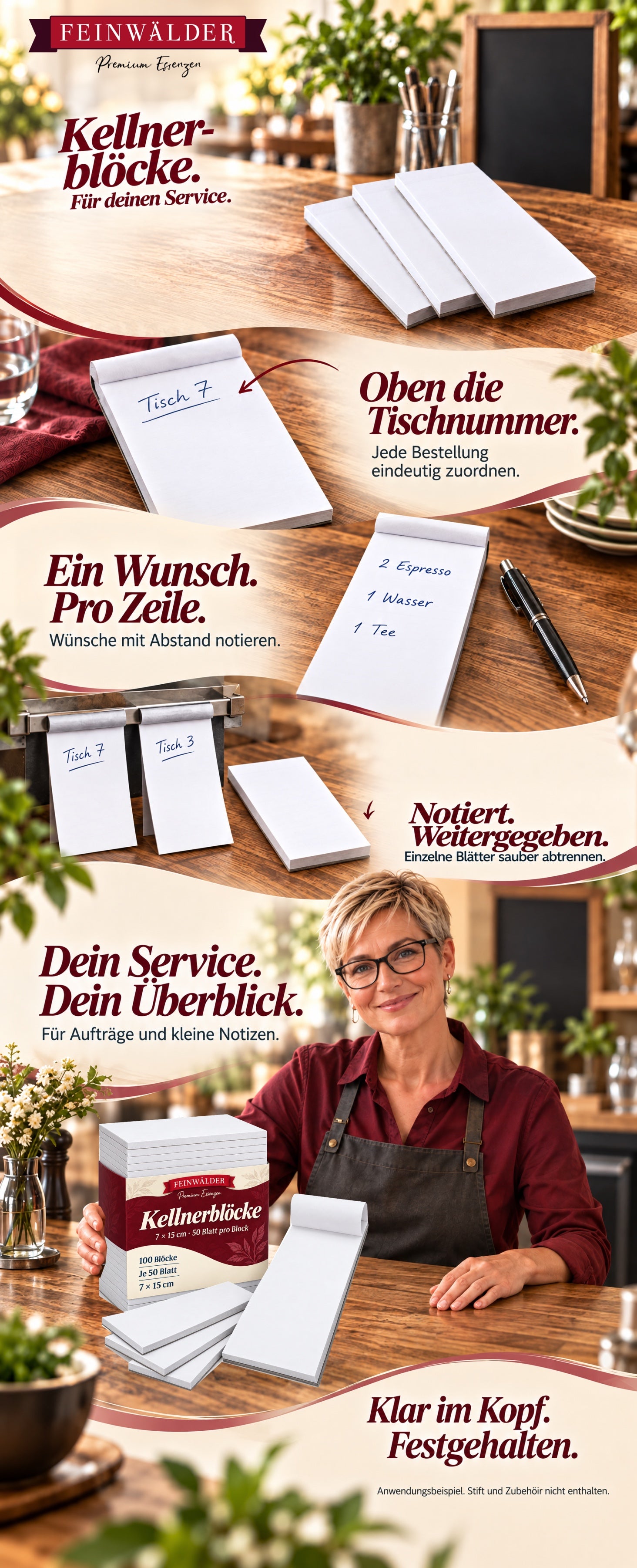 Feinwälder Kellnerblöcke: Tischnummer notieren, Wünsche zeilenweise festhalten und einzelne Aufträge weitergeben. Mit Originalprodukt und Service-Mitarbeiterin.