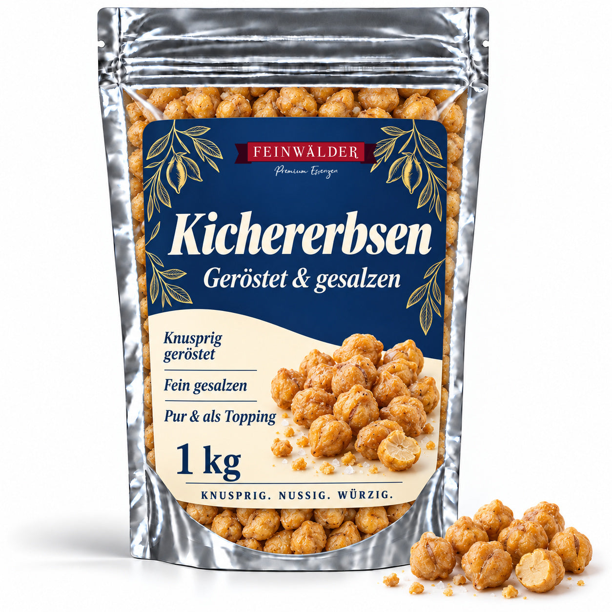 Silberner Feinwälder-Zip-Beutel mit goldbeigen gerösteten Kichererbsen und saphirblauem Etikett.