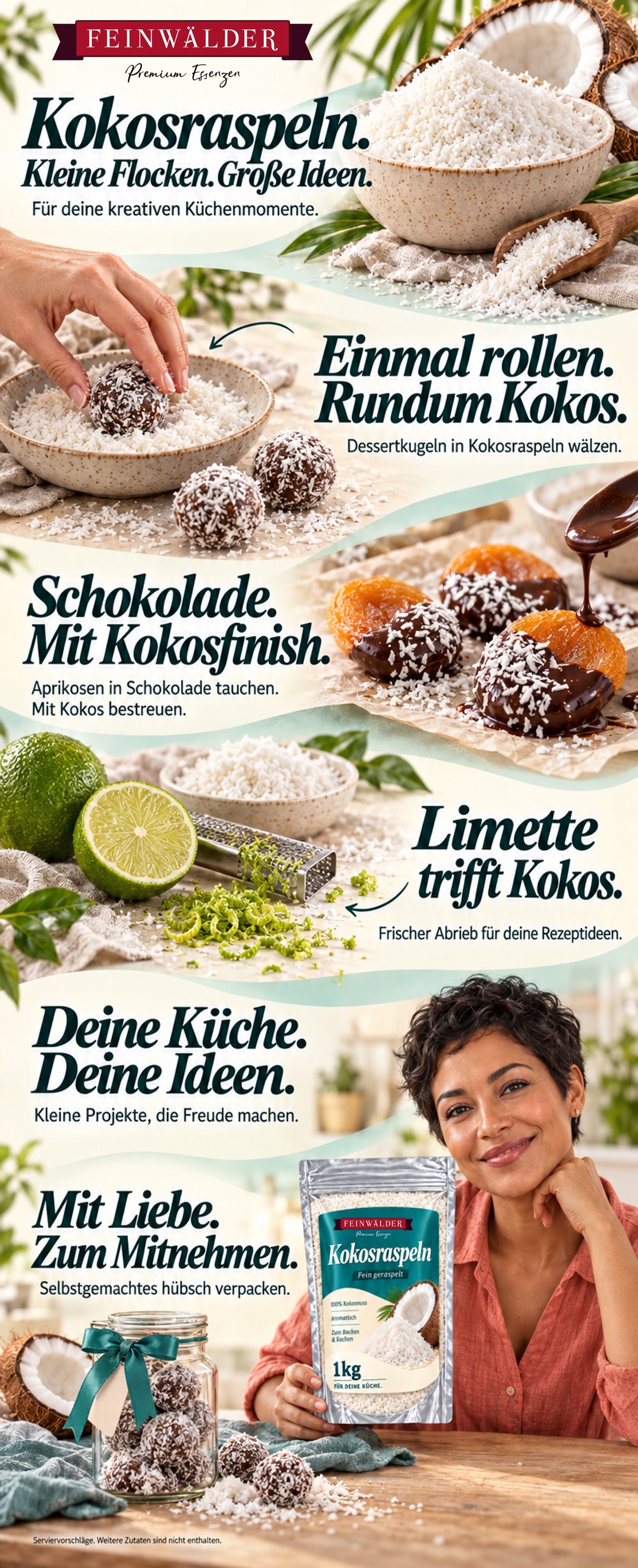 Feinwälder Kokosraspeln. Kleine Flocken, große Ideen. Einmal rollen, rundum Kokos: Dessertkugeln in Kokosraspeln wälzen. Aprikosen in Schokolade tauchen und mit Kokos bestreuen. Limettenabrieb für deine Rezeptideen. Eine Frau hält den Originalbeutel mit 1 kg Kokosraspeln. Selbstgemachtes hübsch verpacken. Serviervorschläge; weitere Zutaten sind nicht enthalten.