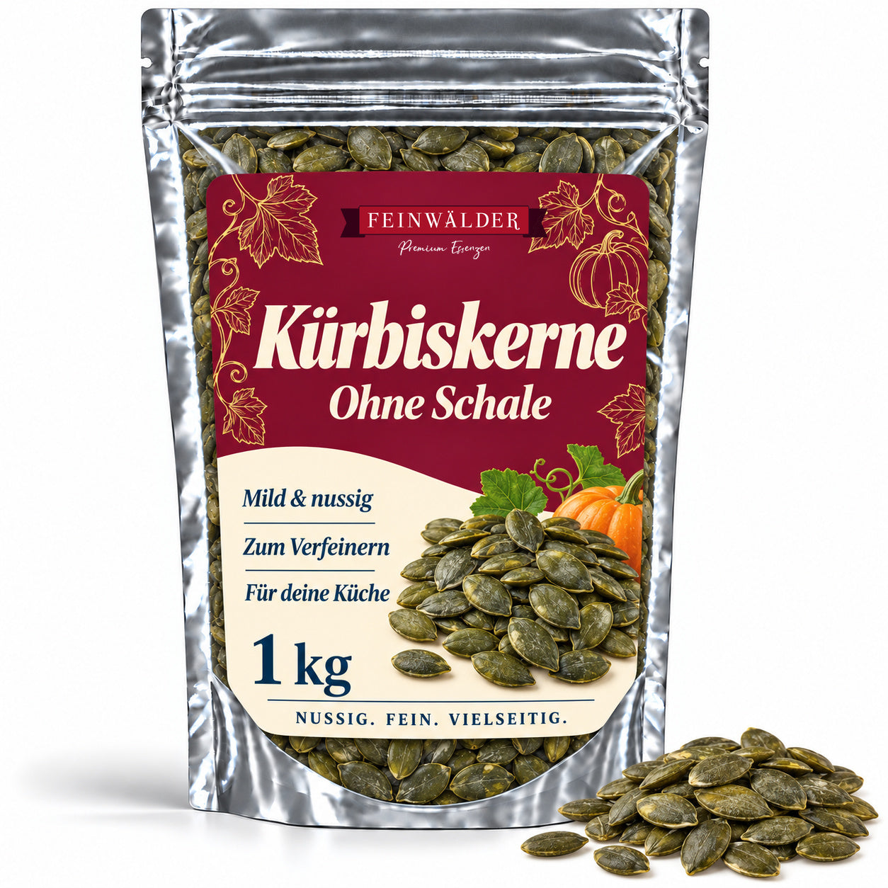 Silberner Feinwälder-Zip-Beutel mit flachen grünen Kürbiskernen und rubinrotem Etikett.