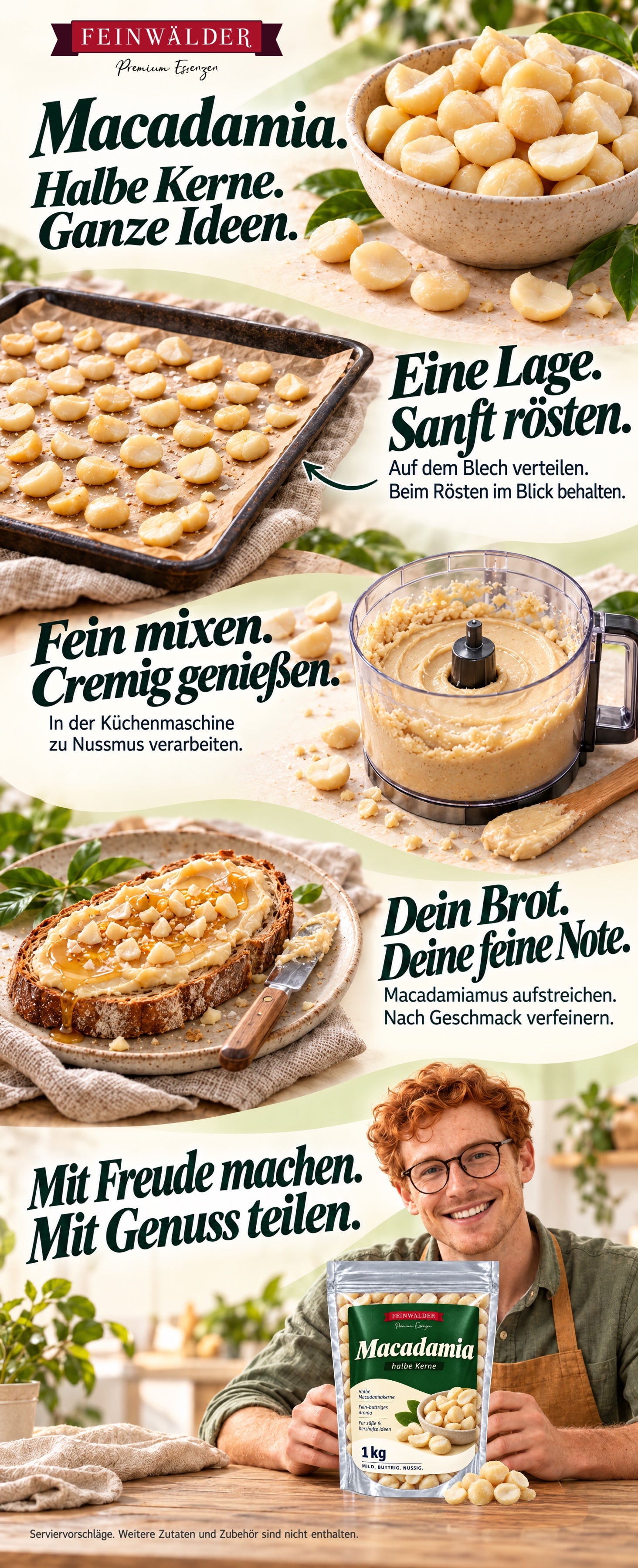 Feinwälder Macadamia-Hälften: sanft rösten, zu Macadamiamus verarbeiten und auf Brot genießen; Originalbeutel mit einem Mann in heller Küche.