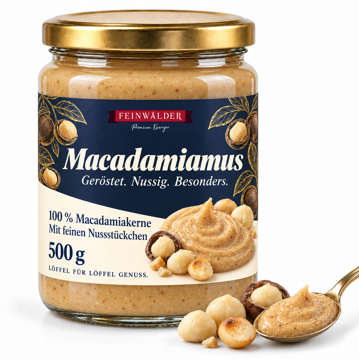 Feinwälder Macadamiamus im 500-g-Glas mit goldenem Deckel und Markenetikett; passende Nüsse und ein Löffel Mus daneben.