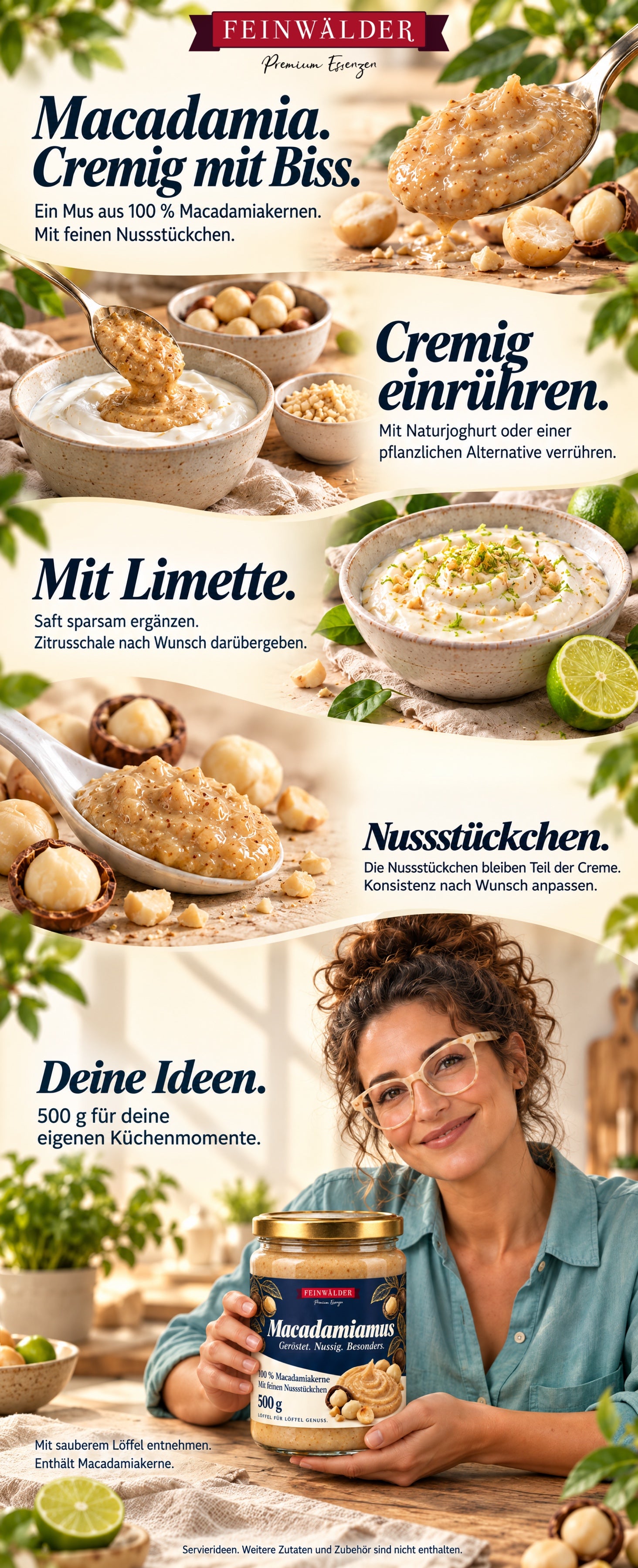 Macadamiamus im kompakten 500-g-Glas: Creme mit Joghurt und Limette, Nussstückchen und natürlich gehaltener Produktpackung