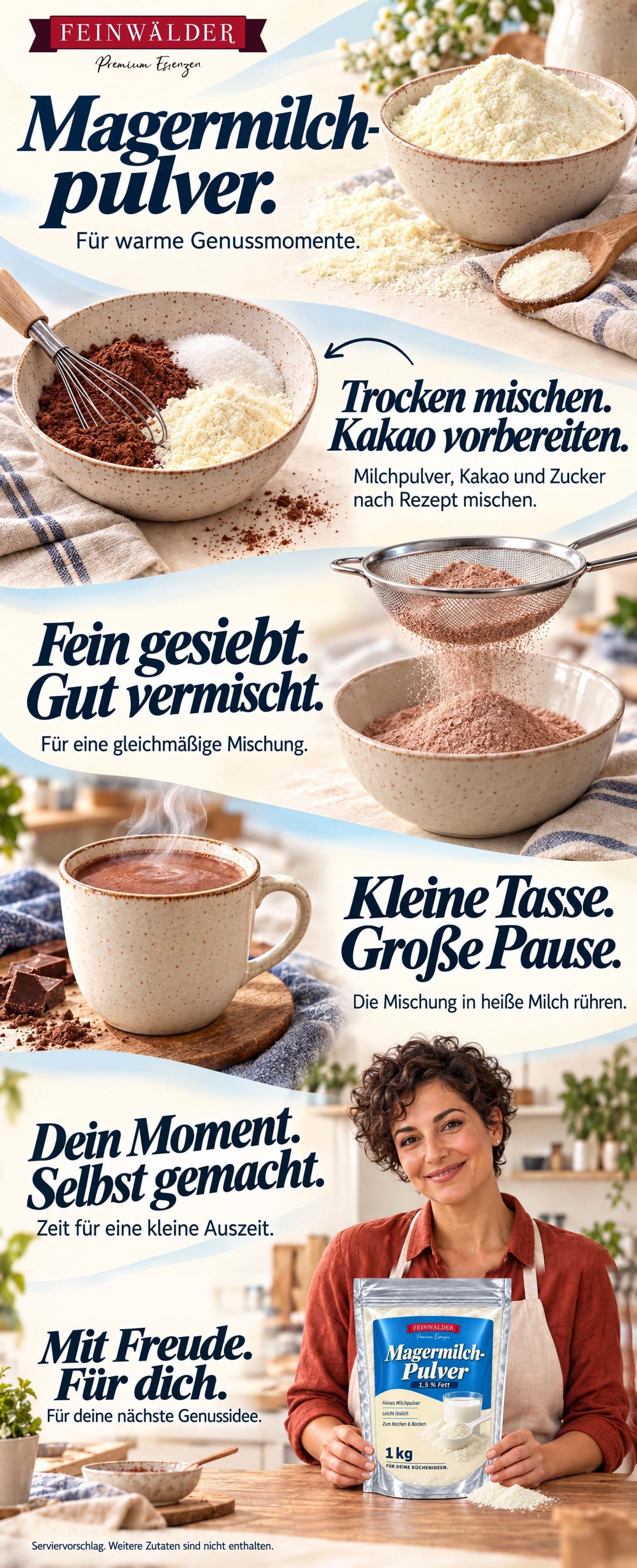 Feinwälder skimmed milk powder: preparing a cocoa mix, sifting finely and stirring into hot milk; with original packaging and a woman in the kitchen.