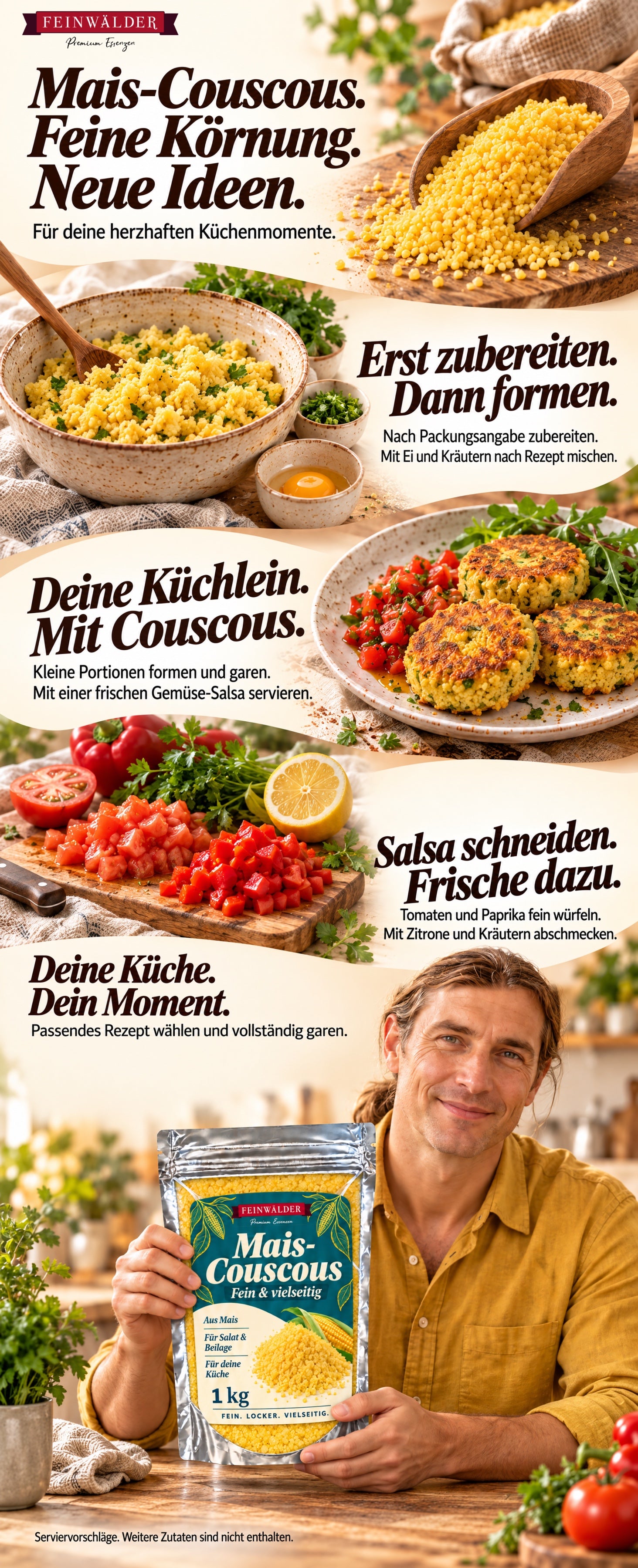 Mais-Couscous · 1 kg. Durchgehender A+-Inhalt mit ergänzender Küchenidee und natürlich gehaltener Feinwälder-Verpackung.