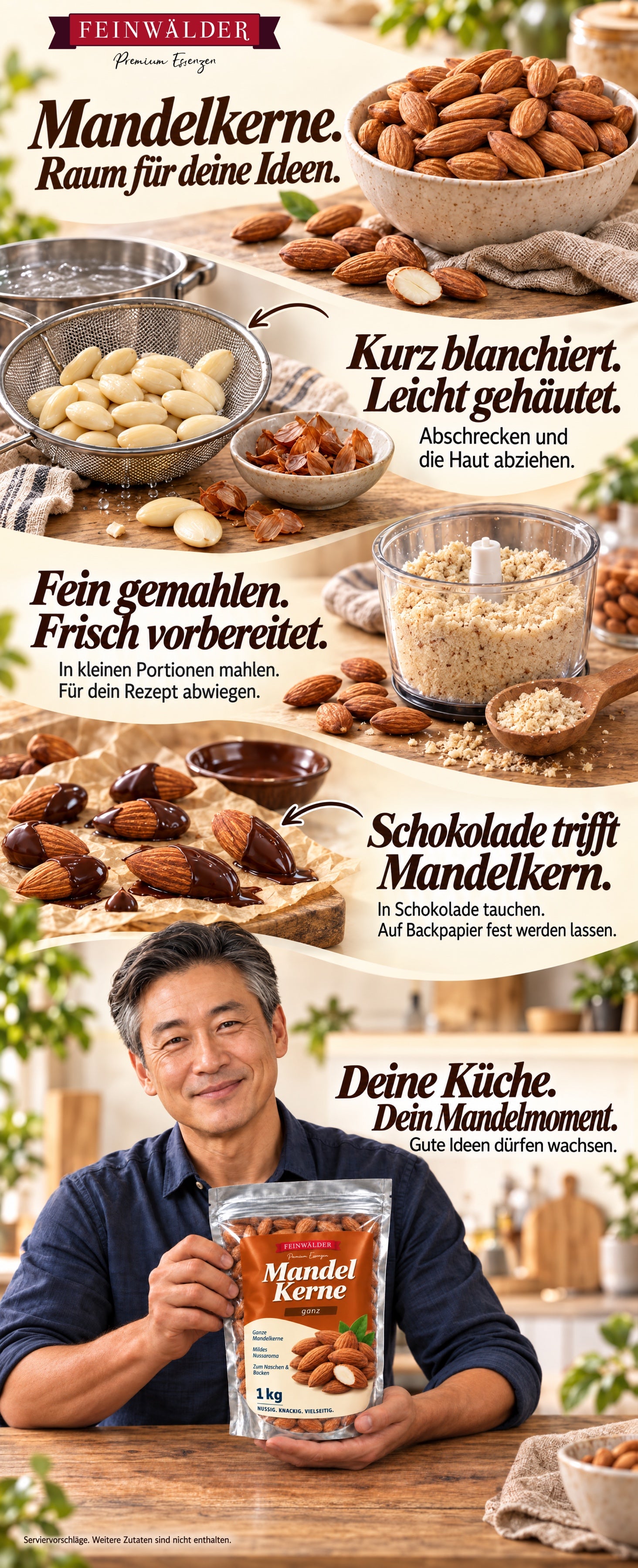 Feinwälder całe migdały: orzechowe inspiracje kulinarne oraz kobieta z naturalnie wyglądającym 1-kg opakowaniem w kuchni.