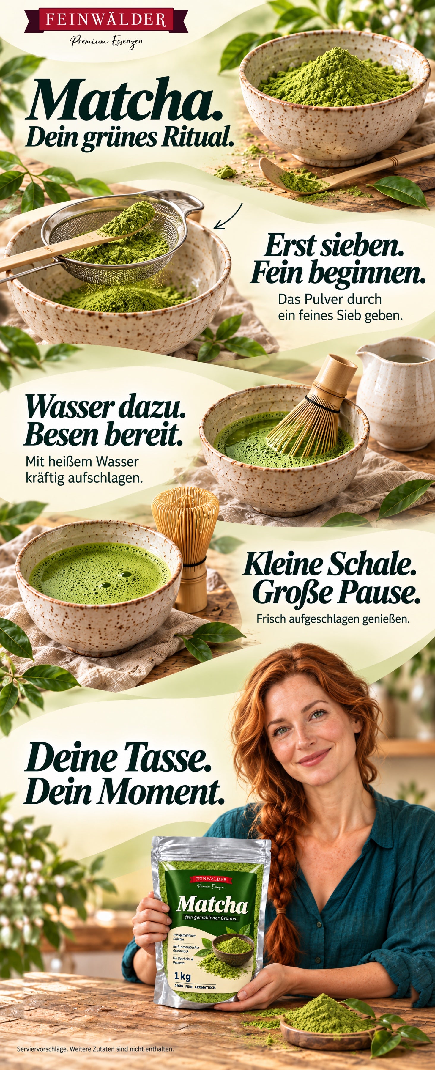 Feinwälder Matcha-Pulver: vielseitige Zubereitungsideen und natürlich gehaltener 1-kg-Beutel in einer gemeinsamen Küchenszene.
