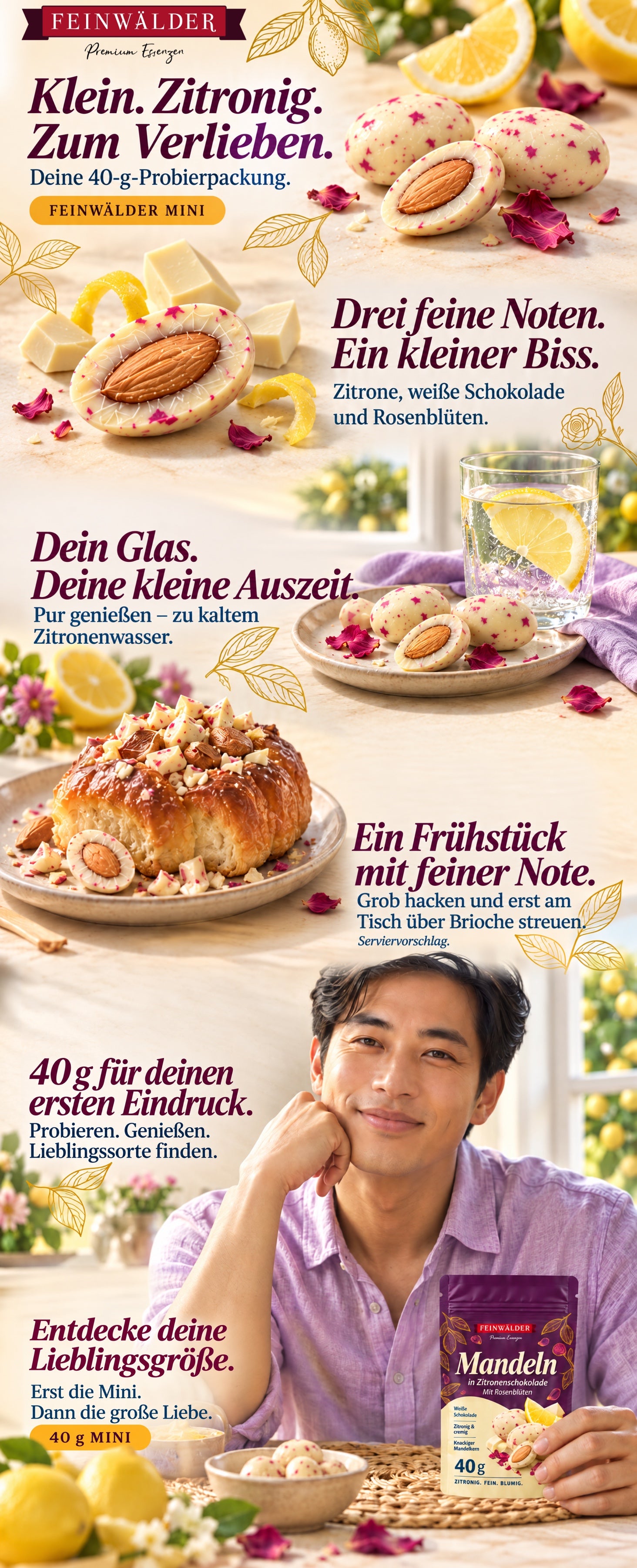 Mandeln in weißer Zitronenschokolade mit Rosenblüten – 40 g Mini · Mini