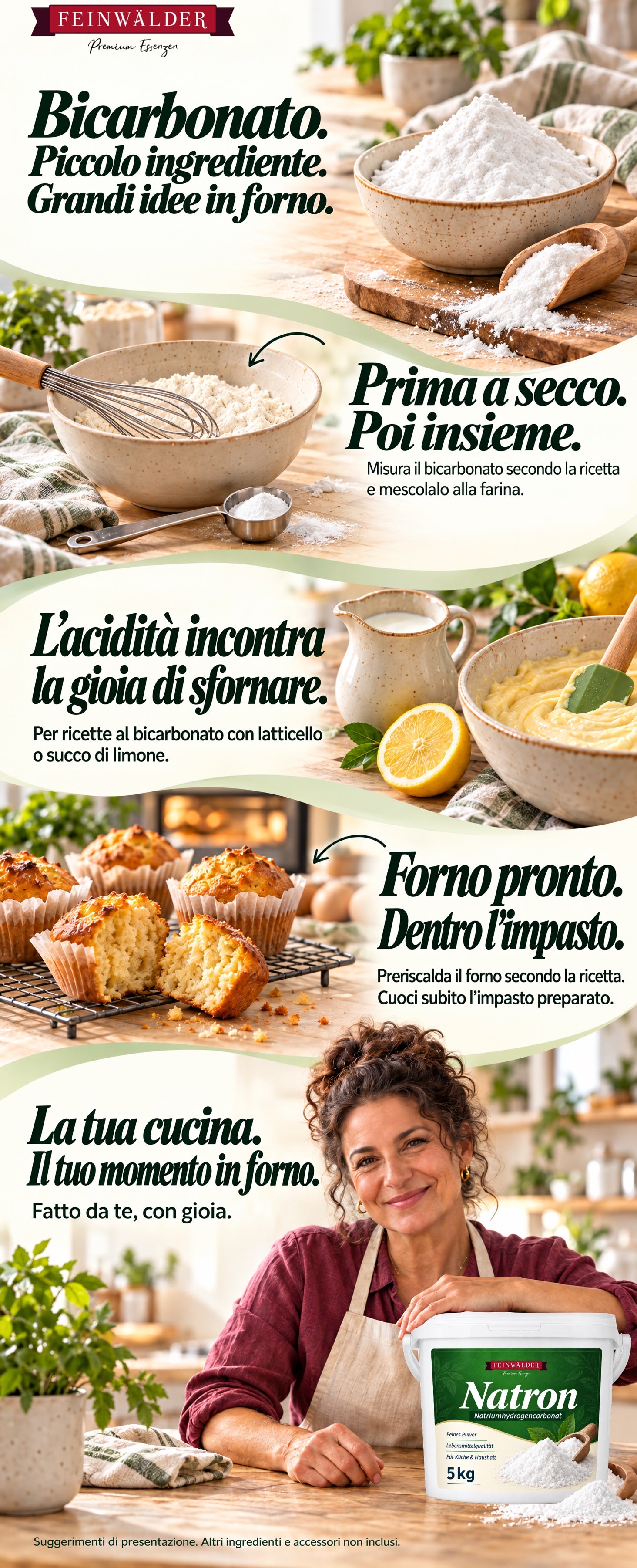 Bicarbonato Feinwälder. Misurare il bicarbonato secondo la ricetta e mescolarlo alla farina. Ingredienti per ricette con latticello o succo di limone. Preriscaldare il forno come indicato nella ricetta e cuocere subito l’impasto preparato. Muffin dorati su una griglia. Una donna con capelli scuri ricci, camicetta color prugna e grembiule chiaro al tavolo della cucina, con il secchio bianco di bicarbonato da 5 kg. Suggerimenti di presentazione; gli altri ingredienti e gli accessori non sono inclusi.