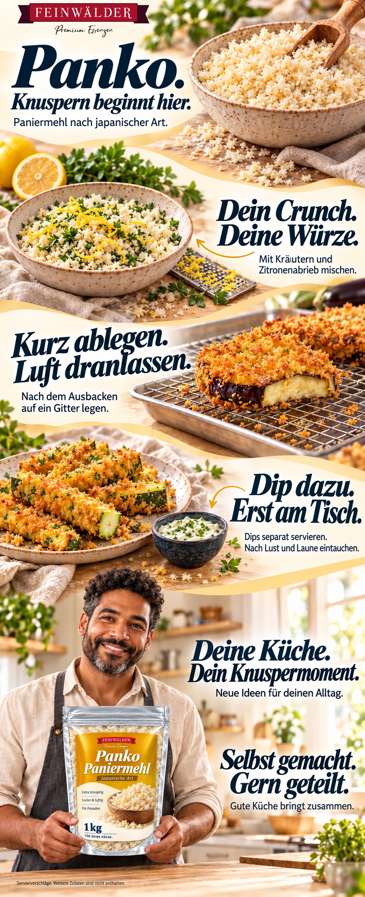 Feinwälder Panko. Knuspern beginnt hier. Paniermehl nach japanischer Art. Panko mit Kräutern und Zitronenabrieb mischen. Panierte Auberginenscheiben nach dem Ausbacken auf ein Gitter legen. Zu knusprigen Zucchinisticks Dips separat servieren und erst am Tisch eintauchen. Ein Mann mit dunkler Schürze hält links den vollständigen Originalbeutel mit 1 kg. Deine Küche, dein Knuspermoment. Selbst gemacht, gern geteilt. Serviervorschläge. Weitere Zutaten sind nicht enthalten.