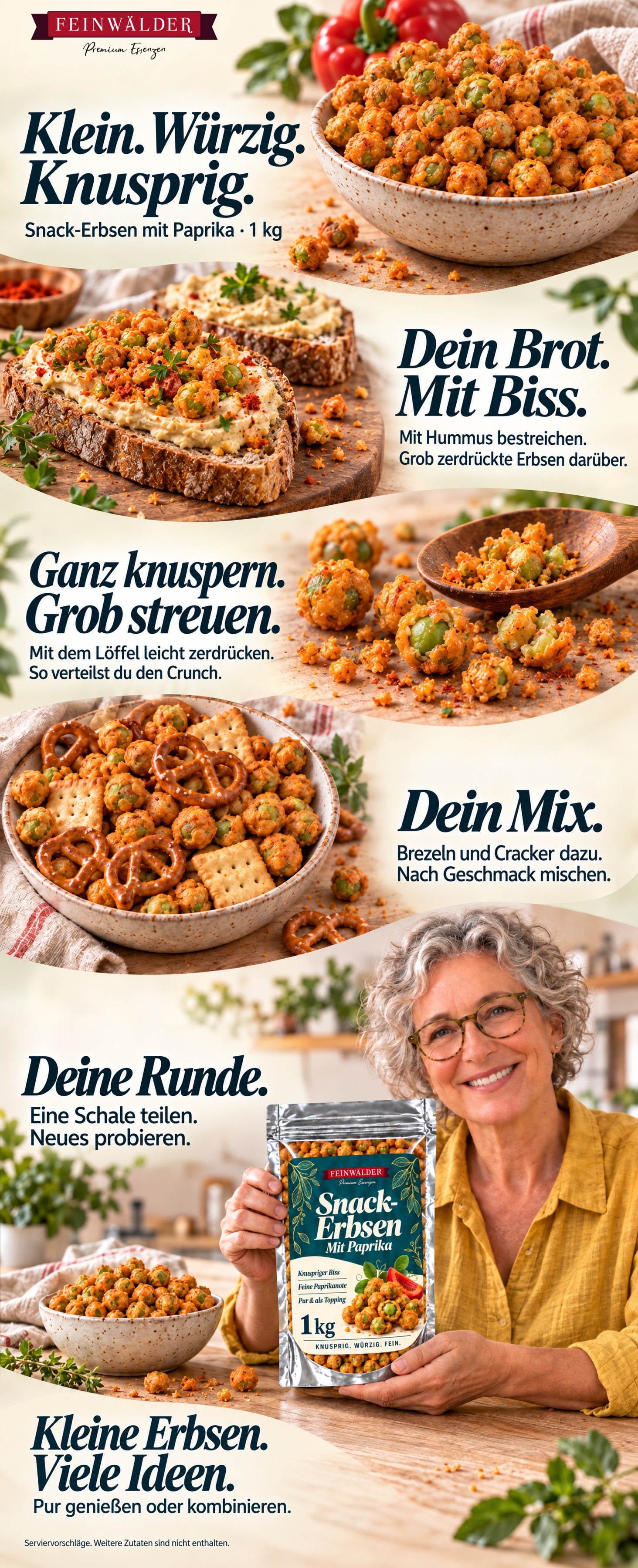 Snack-Erbsen mit Paprika: Hummusbrot mit Erbsen-Crunch, ganze und grob zerdrückte Erbsen, Brezel-Cracker-Mischung und eine Frau mit dem 1-kg-Beutel am Tisch.