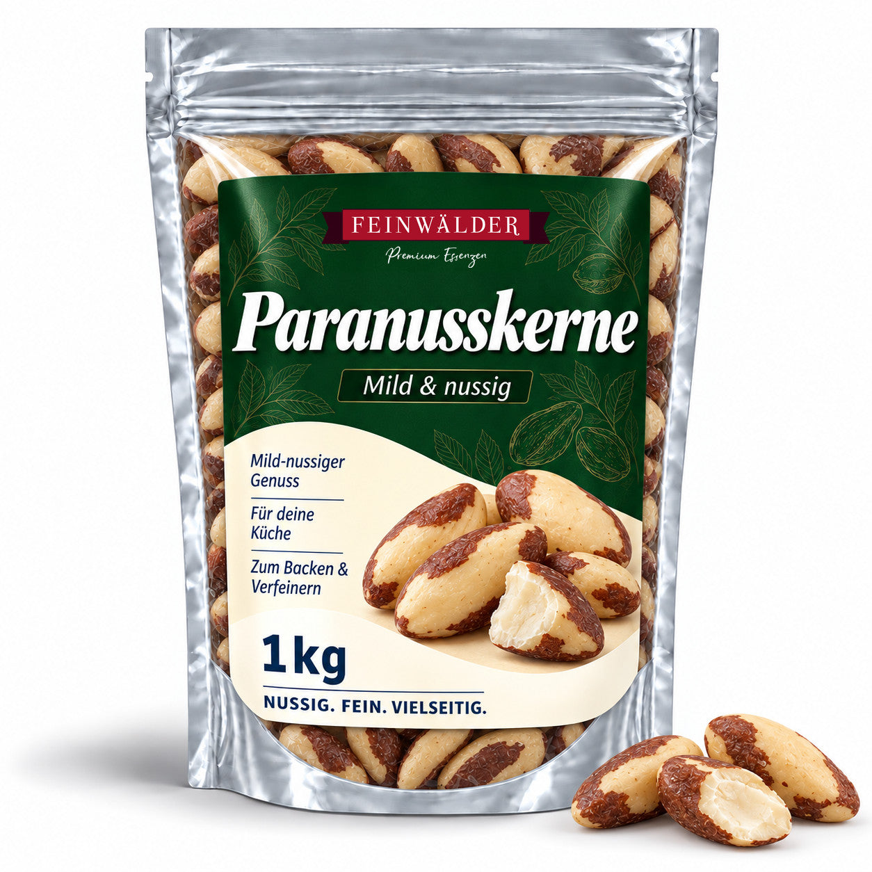 Paranusskerne – 1 kg im grünen Feinwälder-Standbodenbeutel mit Etikett