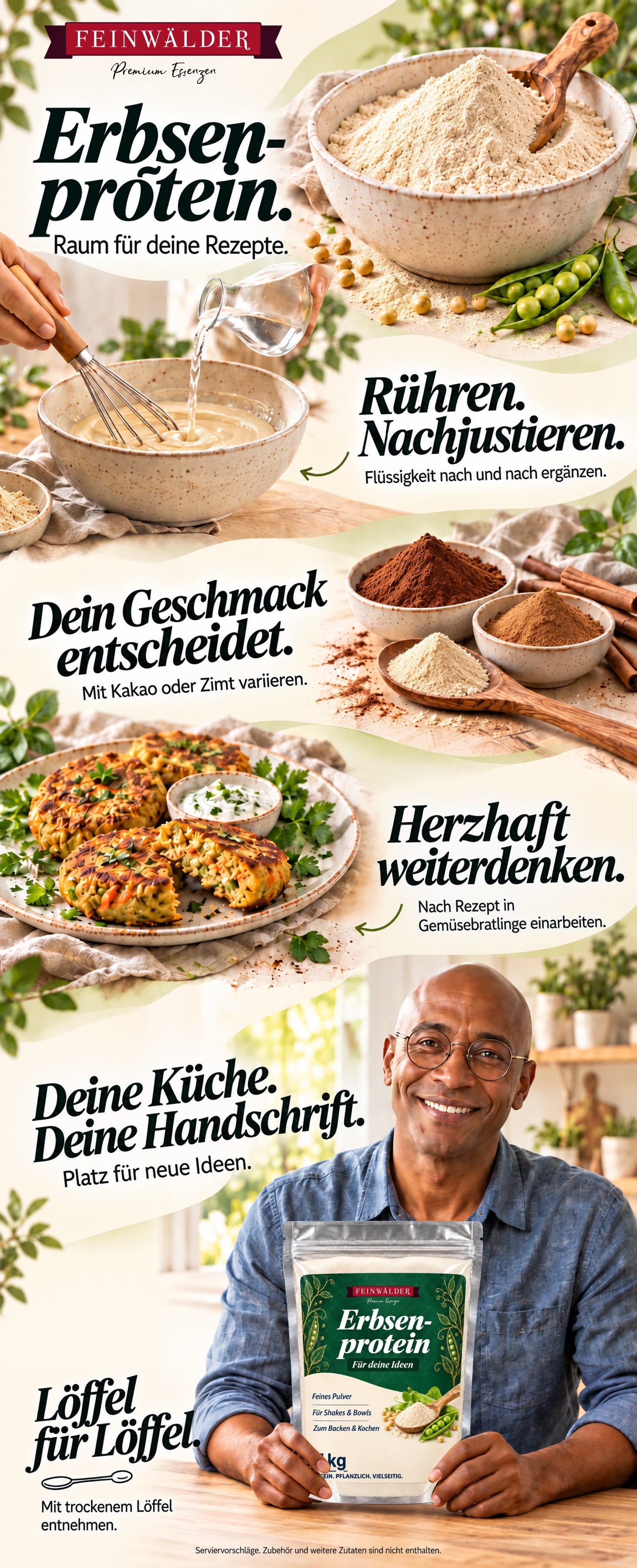 Feinwälder Erbsenprotein. Raum für deine Rezepte. Rühren. Nachjustieren. Flüssigkeit nach und nach ergänzen. Dein Geschmack entscheidet. Mit Kakao oder Zimt variieren. Herzhaft weiterdenken. Nach Rezept in Gemüsebratlinge einarbeiten. Deine Küche. Deine Handschrift. Platz für neue Ideen. Ein Mann hält den originalen 1-kg-Beutel. Löffel für Löffel. Mit trockenem Löffel entnehmen. Serviervorschläge. Zubehör und weitere Zutaten sind nicht enthalten.