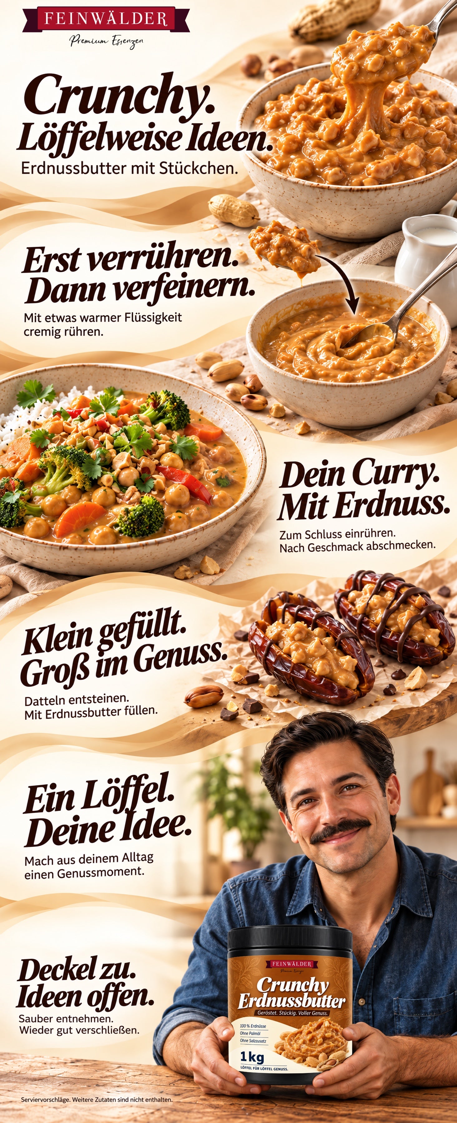 Crunchy. Löffelweise Ideen. Erdnussbutter mit Stückchen. Erst verrühren. Dann verfeinern. Mit etwas warmer Flüssigkeit cremig rühren. Dein Curry. Mit Erdnuss. Zum Schluss einrühren. Nach Geschmack abschmecken. Klein gefüllt. Groß im Genuss. Datteln entsteinen. Mit Erdnussbutter füllen. Ein Löffel. Deine Idee. Mach aus deinem Alltag einen Genussmoment. Deckel zu. Ideen offen. Sauber entnehmen. Wieder gut verschließen. Serviervorschläge. Weitere Zutaten sind nicht enthalten.