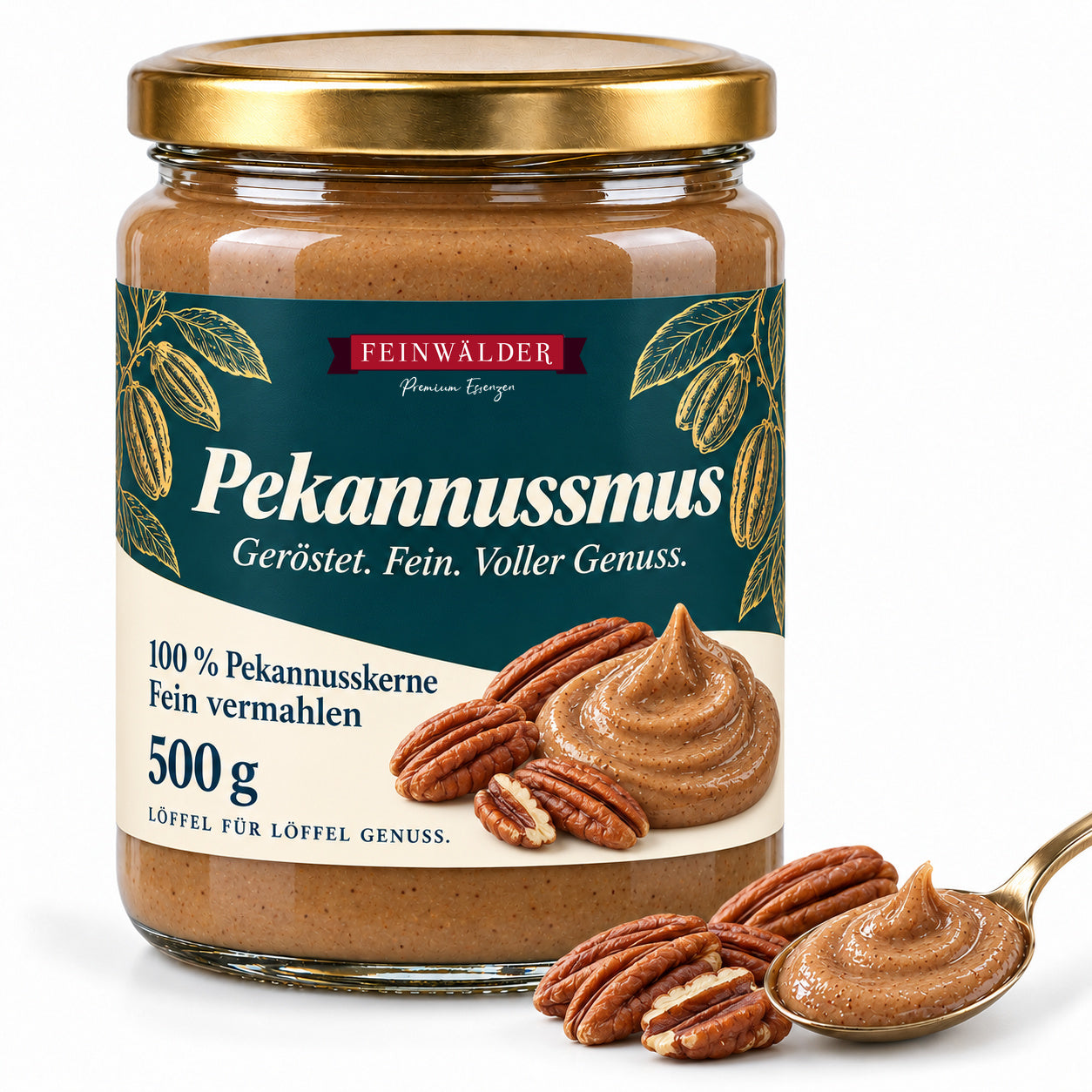 Feinwälder Pekannussmus im 500-g-Glas mit goldenem Deckel und Markenetikett; passende Nüsse und ein Löffel Mus daneben.