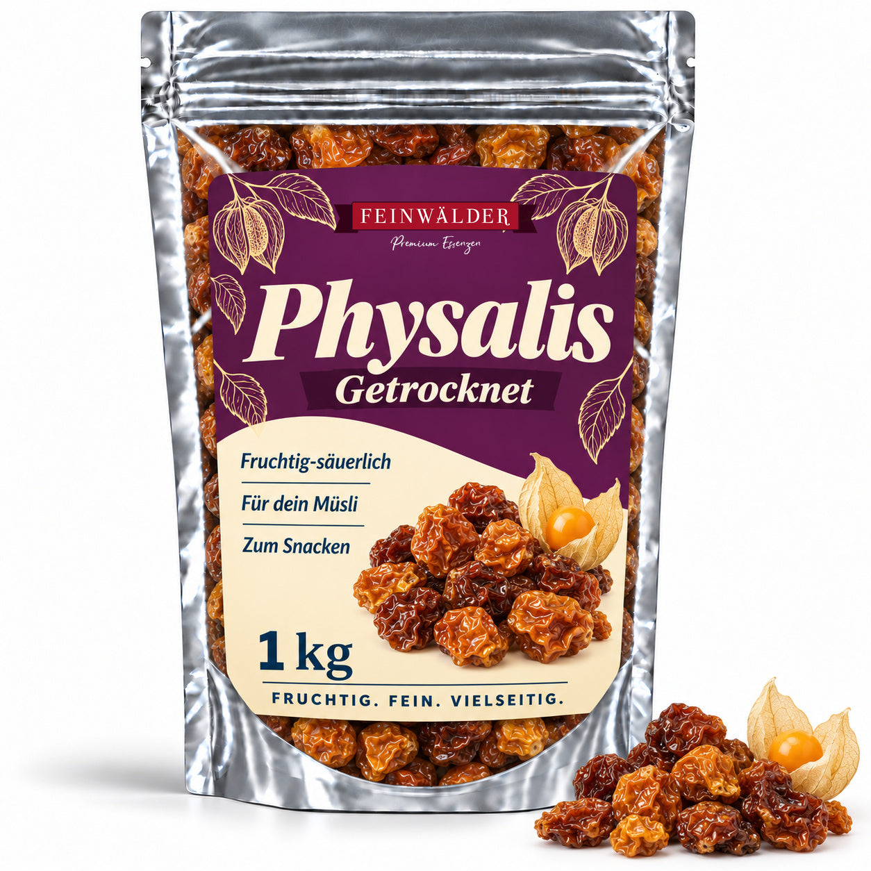 Silberner Feinwälder-Zip-Beutel mit violettem Physalis-Etikett, 1 kg und ungleichmäßig runzeligen getrockneten Früchten.