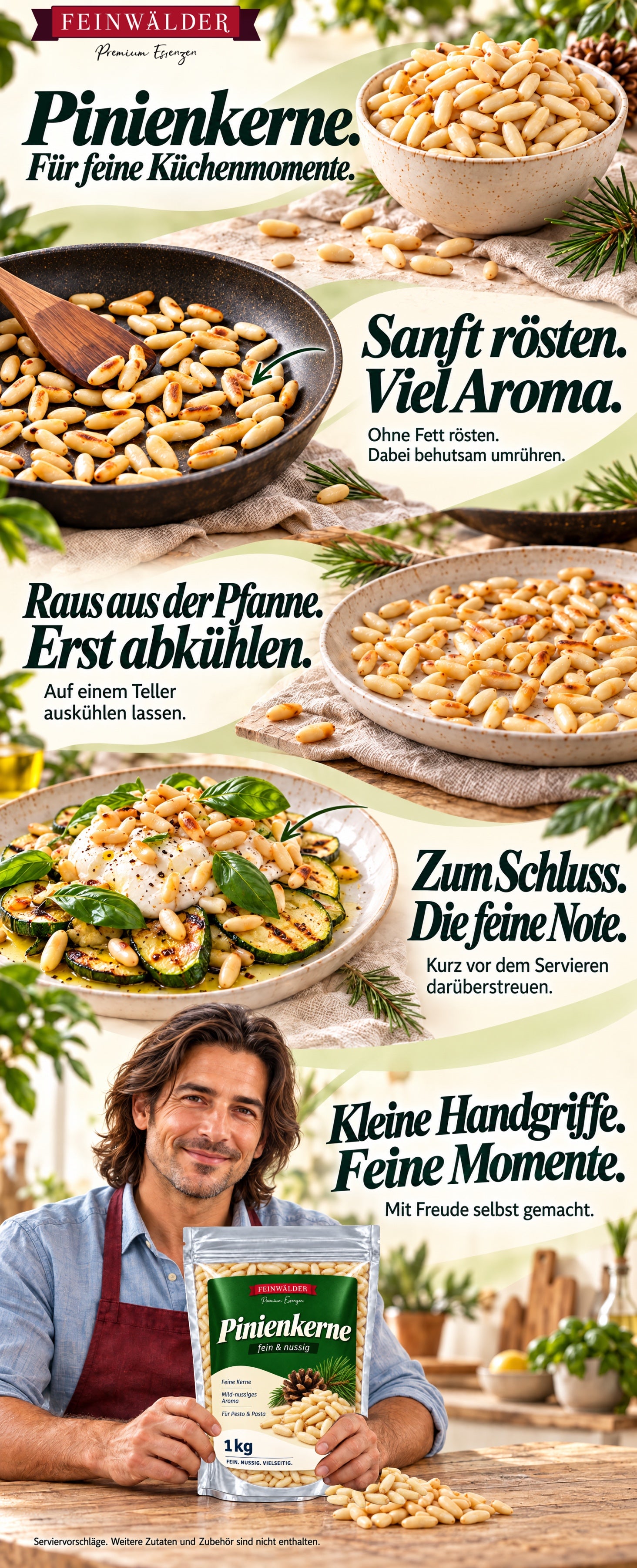Pine nuts: toast without fat, cool on a plate and refine courgette with burrata. A man holds the Feinwälder 1-kg pouch. Serving suggestions with other ingredients and accessories.