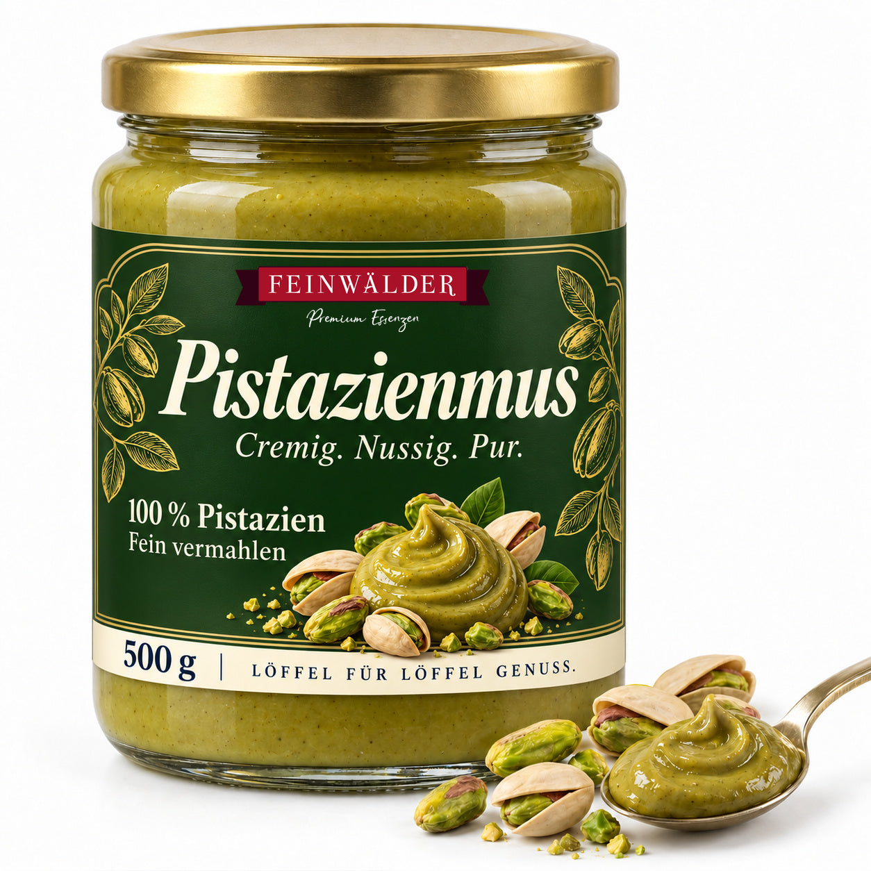 Feinwälder Pistazienmus aus 100 % Pistazien im 500-g-Glas mit goldenem Deckel und dunkelgrün-goldenem Etikett.