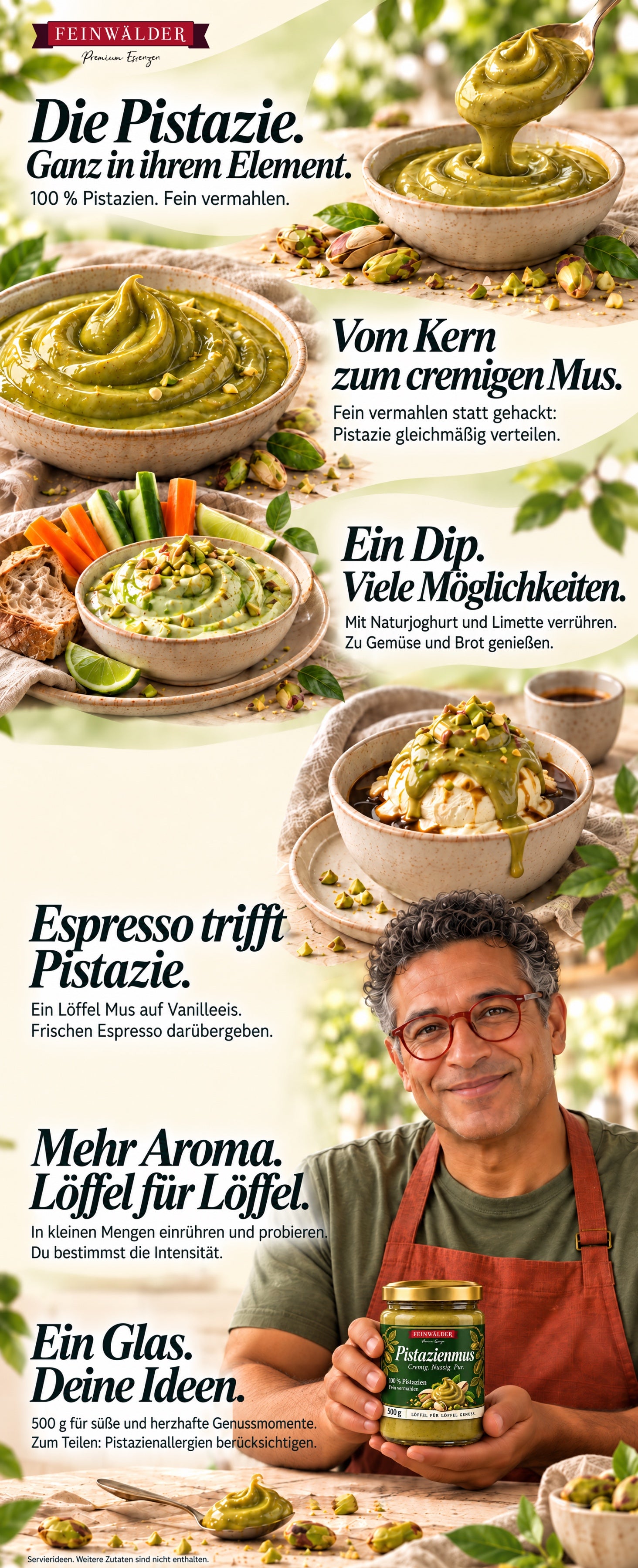 Feinwälder Pistazienmus im 500-g-Glas: Joghurt-Limetten-Dip, Vanilleeis mit Espresso, Tipps zum Dosieren und eine Person, die das Glas hält.