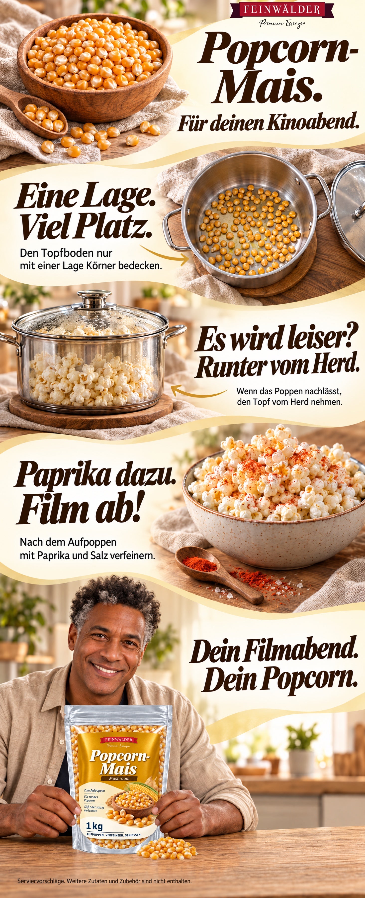 Feinwälder Popcorn-Mais Mushroom: eine Lage Körner im Topf, bei nachlassendem Poppen vom Herd nehmen und mit Paprika und Salz verfeinern; ein Mann hält den Originalbeutel in einer hellen Küche.
