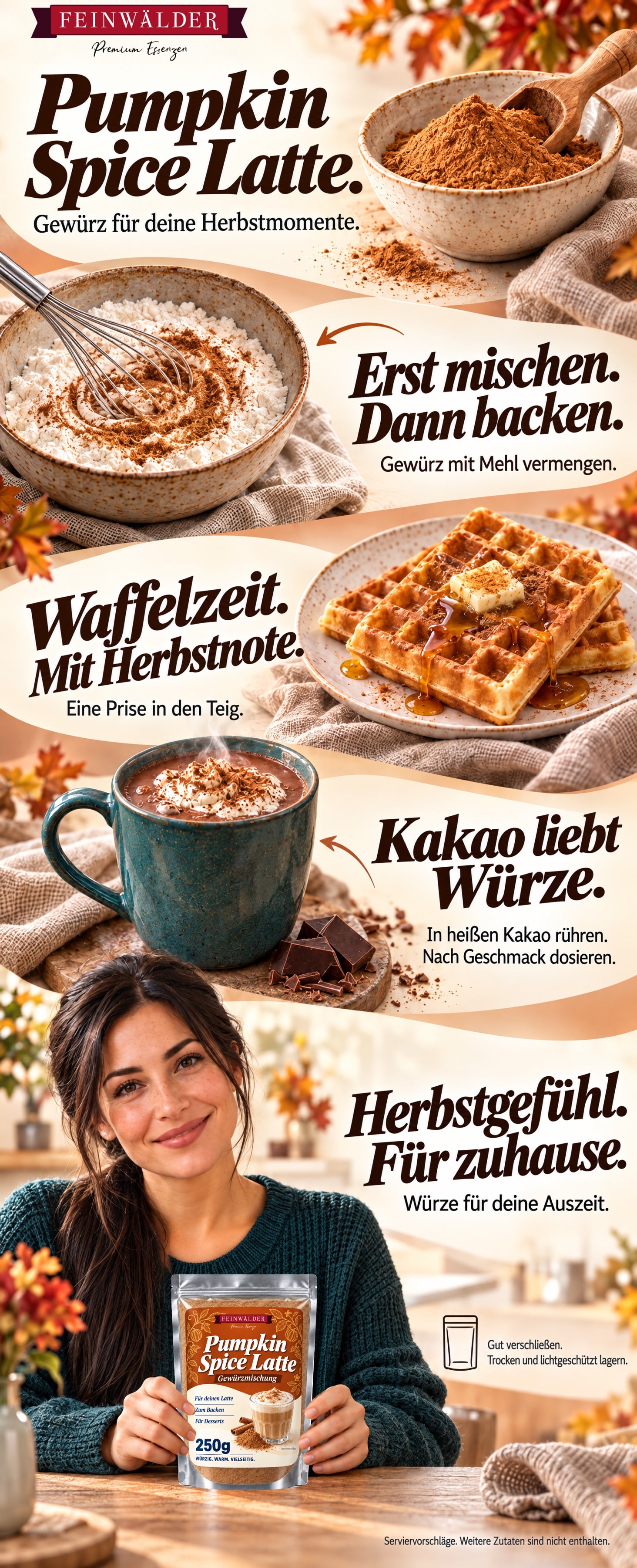 Pumpkin Spice Latte. Gewürz für deine Herbstmomente. Erst mischen. Dann backen. Gewürz mit Mehl vermengen. Waffelzeit. Mit Herbstnote. Eine Prise in den Teig. Kakao liebt Würze. In heißen Kakao rühren. Nach Geschmack dosieren. Herbstgefühl. Für zuhause. Würze für deine Auszeit. Gut verschließen. Trocken und lichtgeschützt lagern. Serviervorschläge. Weitere Zutaten sind nicht enthalten.
