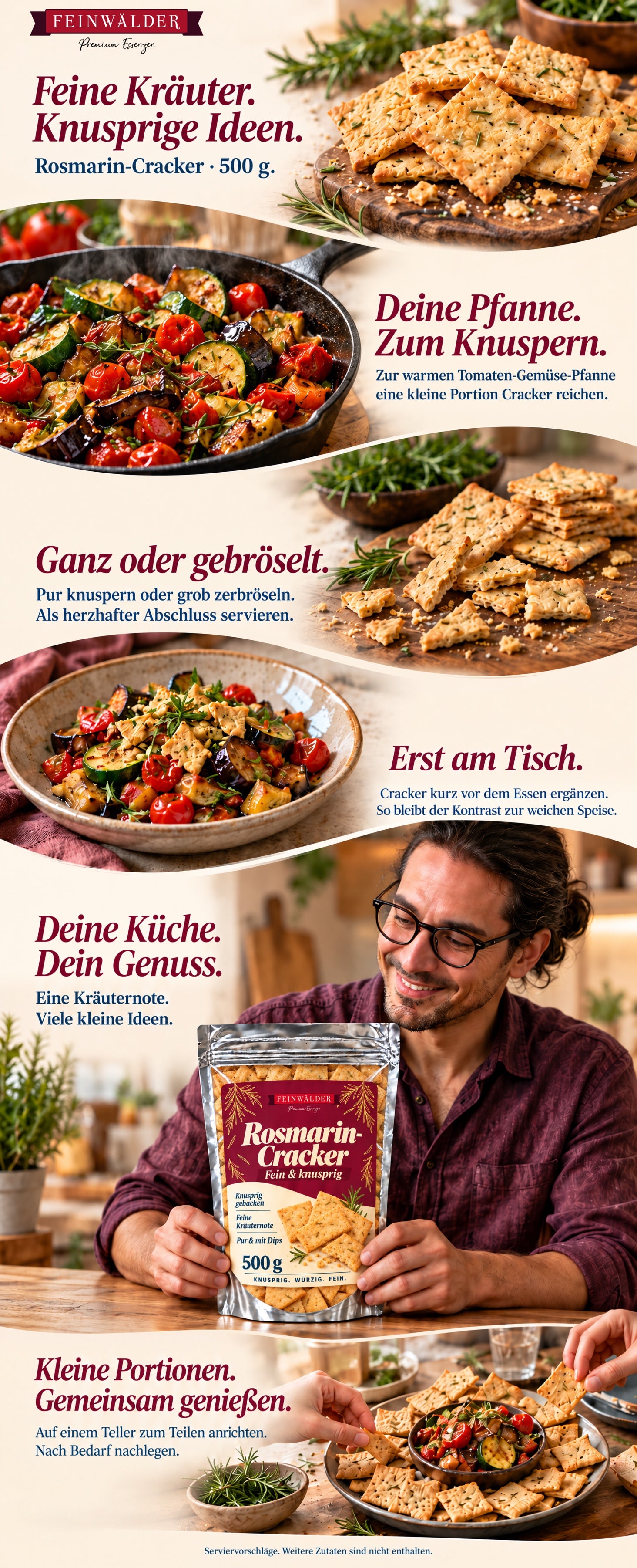 Rosmarin-Cracker als knusprige Ergänzung zur warmen Gemüsepfanne, ganz oder gebröselt, mit natürlich gehaltenem 500-g-Beutel.