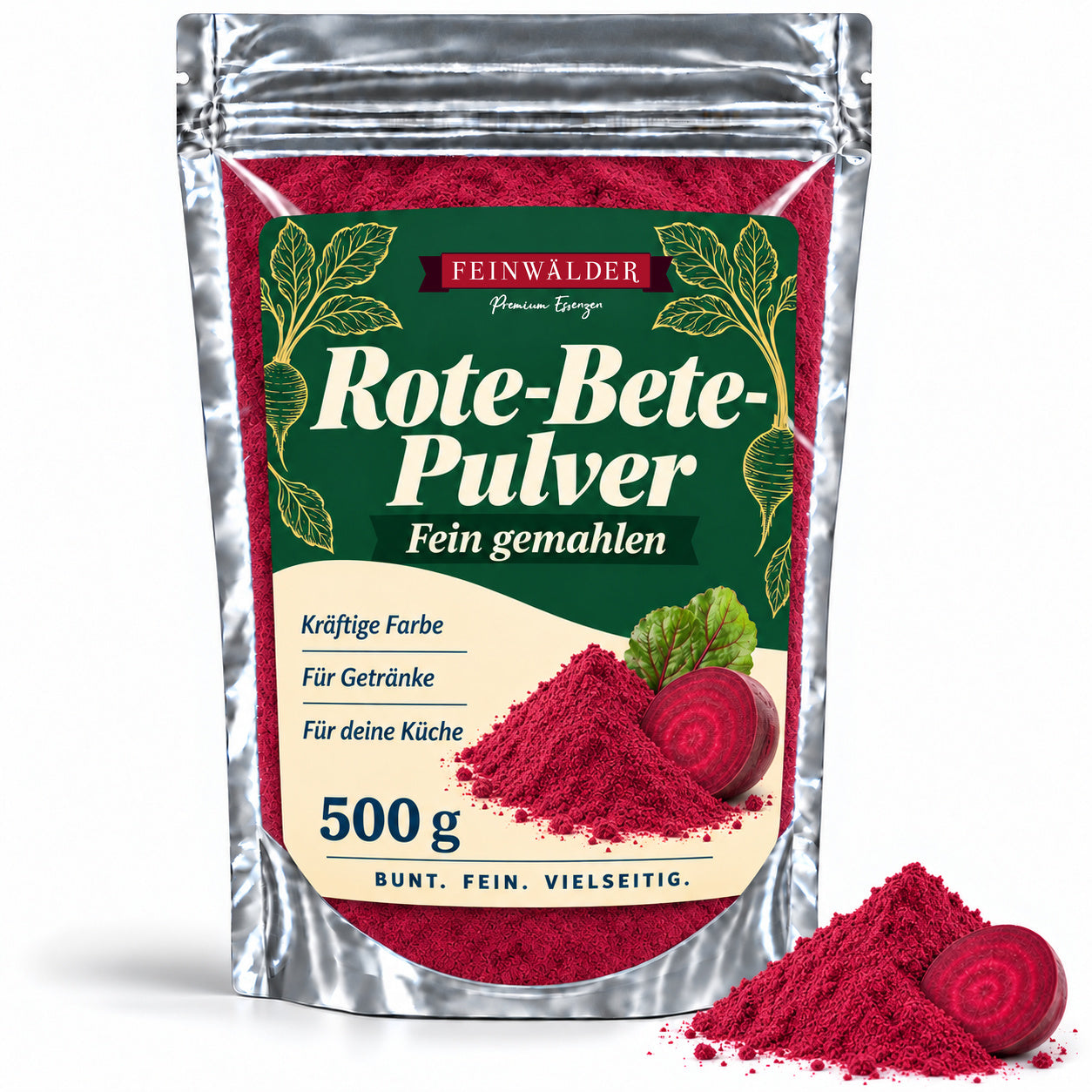 Silberner Feinwälder-Zip-Beutel mit grünem Rote-Bete-Pulver-Etikett, 500 g und feinem roten Pulver.