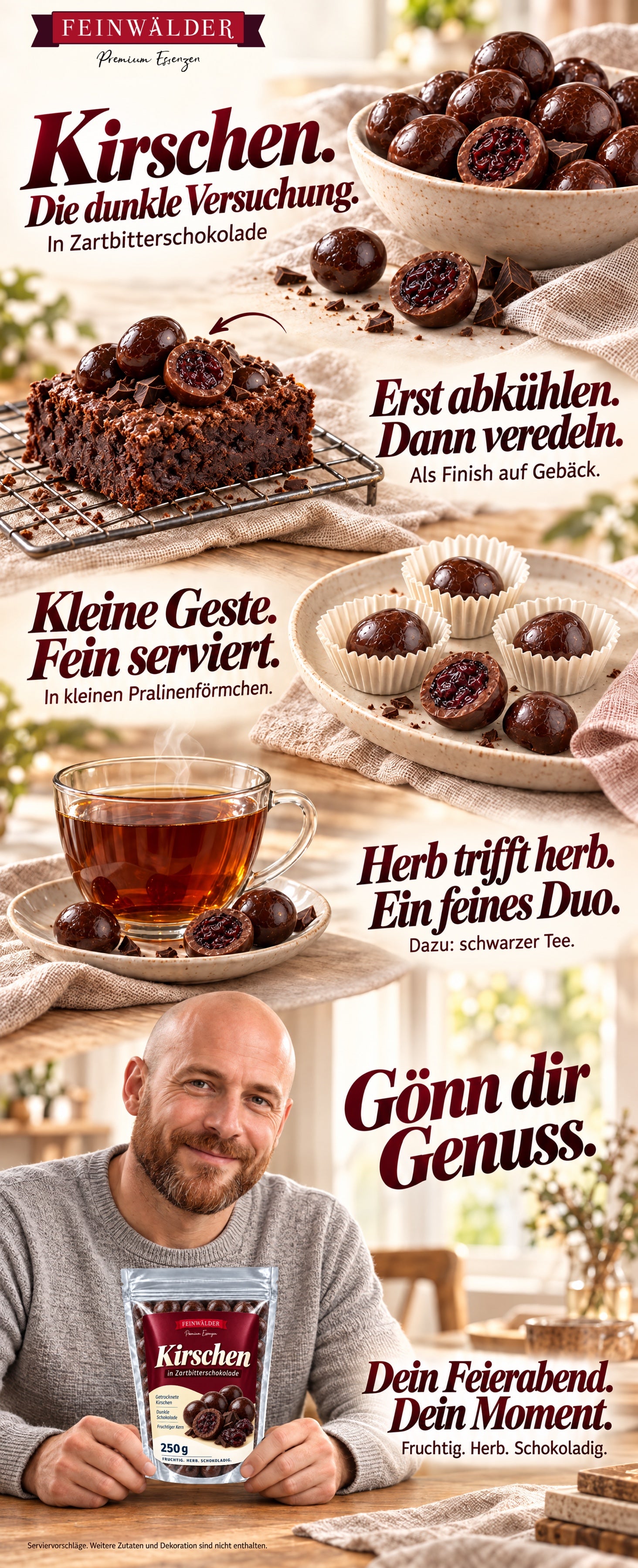 Kirschen. Die dunkle Versuchung. In Zartbitterschokolade. Erst abkühlen. Dann veredeln. Als Finish auf Gebäck. Kleine Geste. Fein serviert. In kleinen Pralinenförmchen. Herb trifft herb. Ein feines Duo. Dazu: schwarzer Tee. Gönn dir Genuss. Dein Feierabend. Dein Moment. Fruchtig. Herb. Schokoladig. Serviervorschläge. Weitere Zutaten und Dekoration sind nicht enthalten.